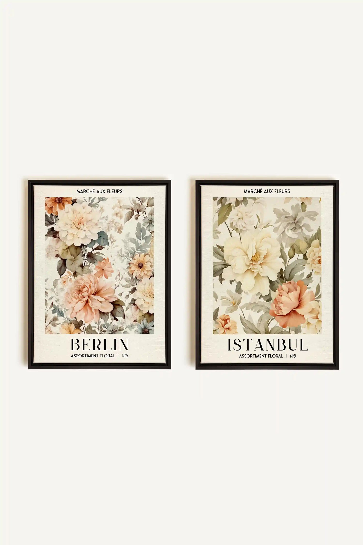 DUO ASSORTIMENT FLORAL, 2 Oeuvres sur toile étirée, encadré Noir