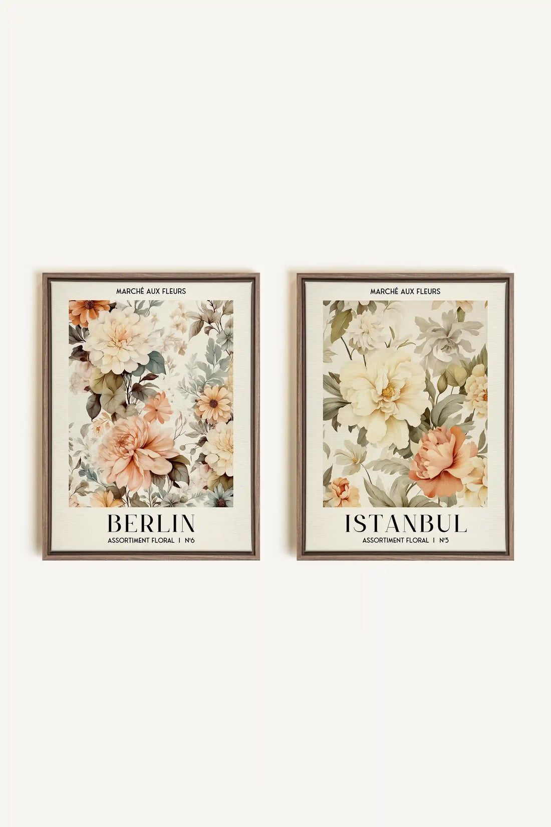 DUO ASSORTIMENT FLORAL, 2 Oeuvres sur toile étirée, encadré Brun Chêne