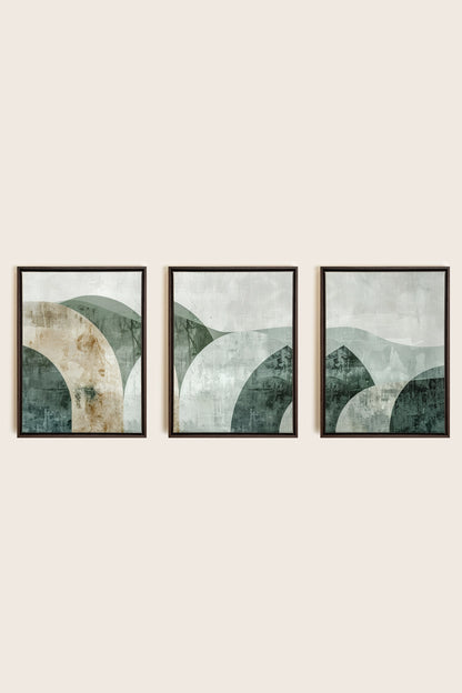 GREEN ELEGANCE TRIO, 3 Oeuvres sur toile étirée, encadré Brun Noyer