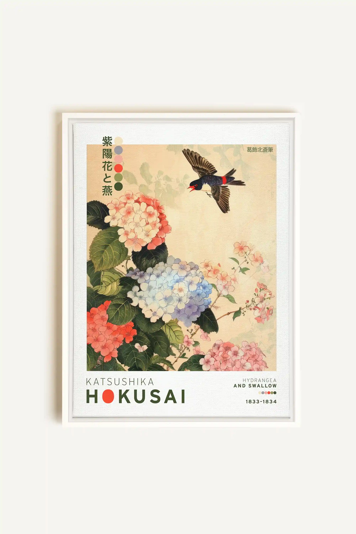 HYDRANGEA AND SWALLOW, Artwork on stretched canvas, framed in white