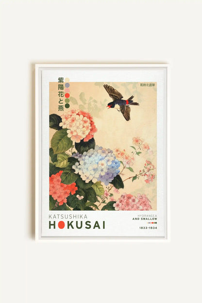 HYDRANGEA AND SWALLOW, Artwork on stretched canvas, framed in white