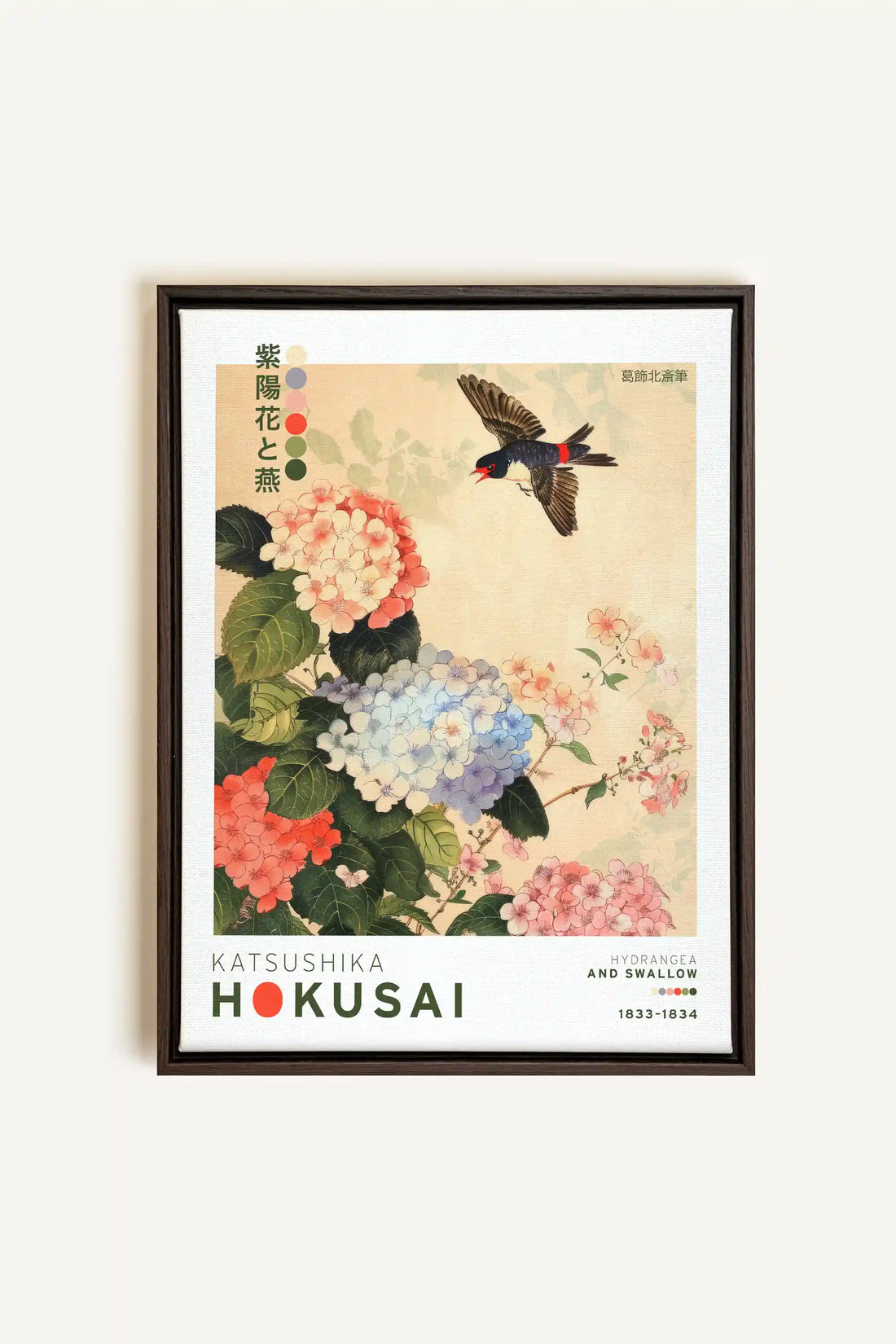 HYDRANGEA AND SWALLOW, Oeuvre sur toile étirée, encadré Brun Noyer