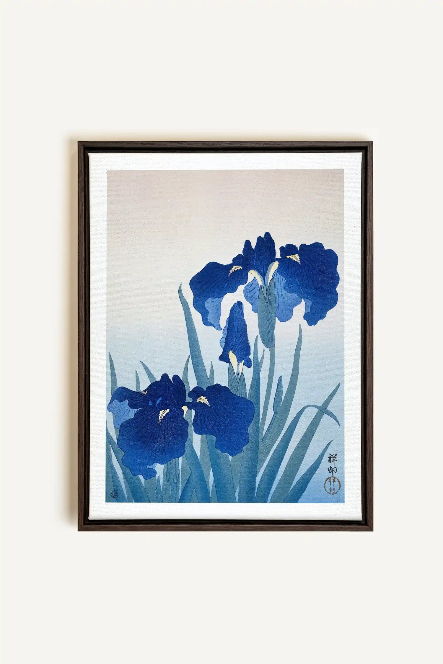 IRIS FLOWERS, Artwork on stretched canvas, framed in Walnut Brown