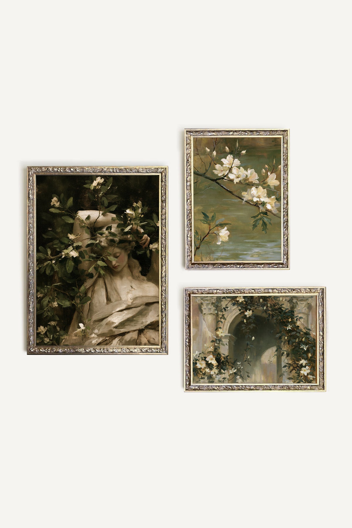 Jardin Éternel, ensemble de 3 œuvres sur toile rigide, encadré bronze