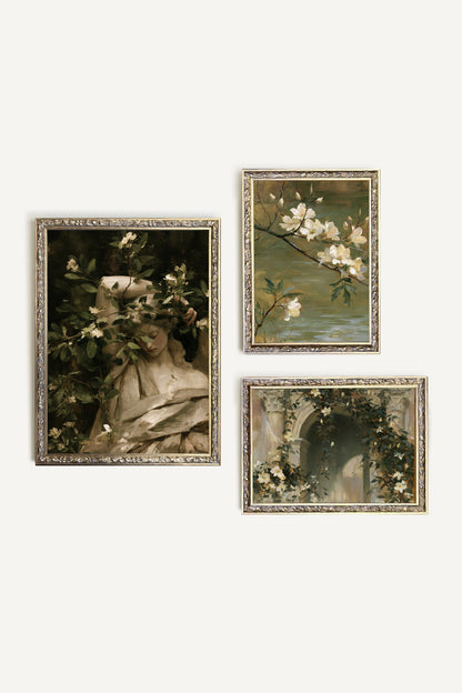 Jardin Éternel, ensemble de 3 œuvres sur toile rigide, encadré bronze