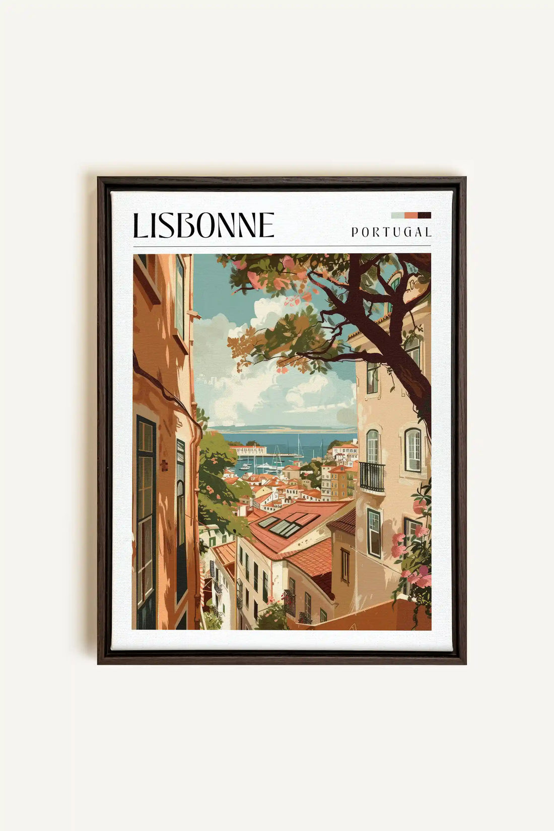 Lisbonne, Oeuvre sur toile étirée, encadré Brun Noyer