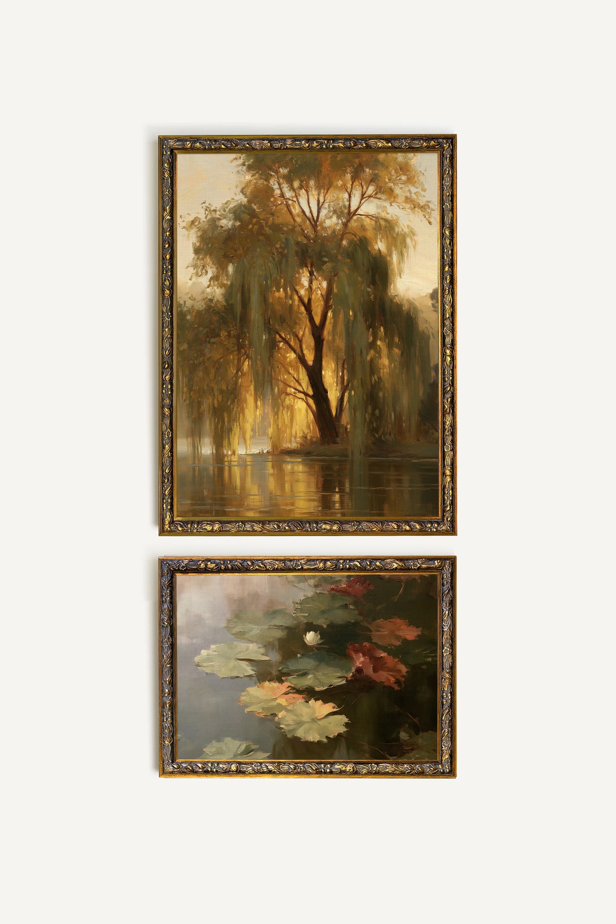 Étang doré, ensemble de 2 œuvres sur toile rigide, encadré bronze