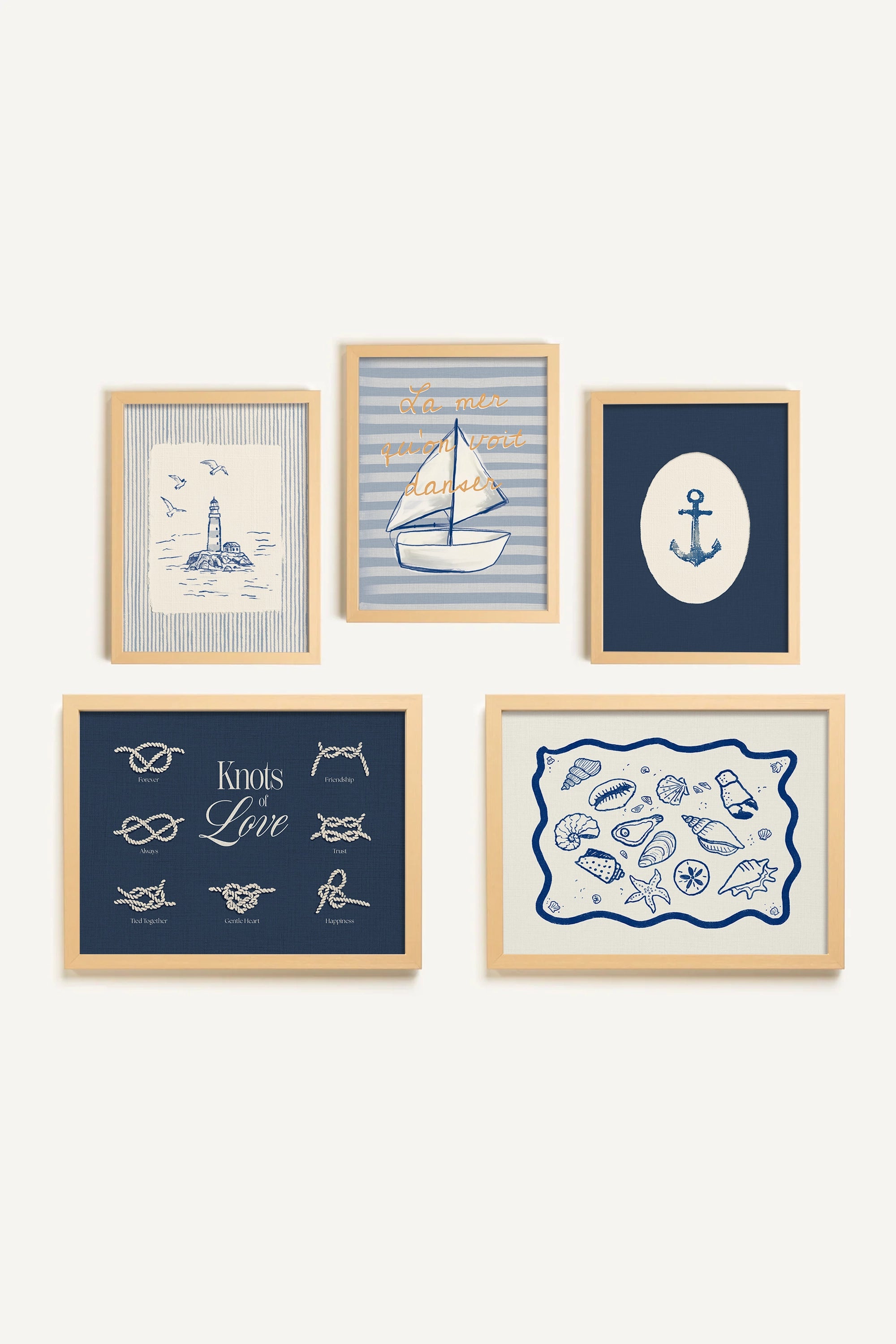 La Marinière, Set of 5 Artworks on Rigid Canvas, Framed in Natural Wood