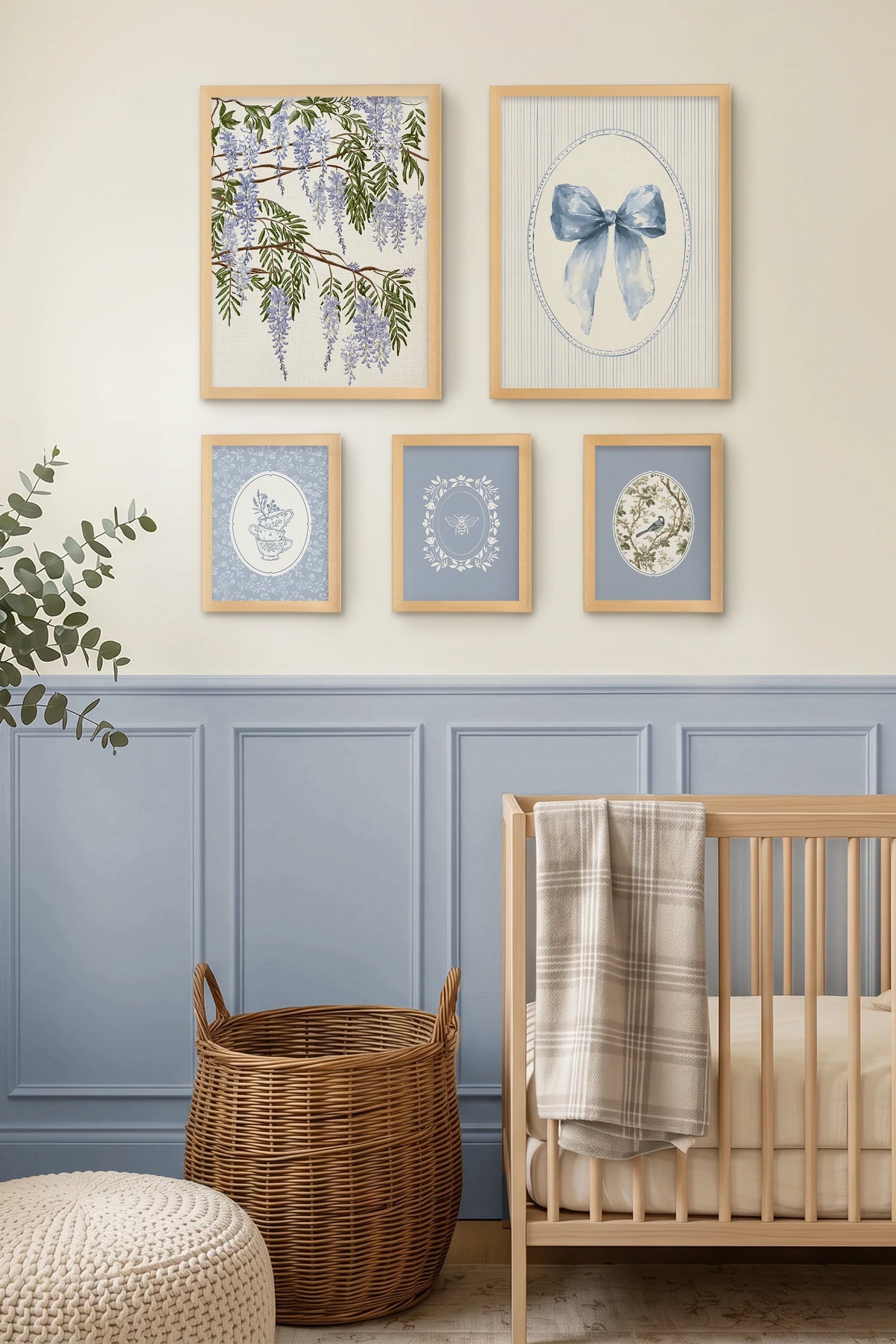 Le Jardin de Wisteria, ensemble de 5 œuvres sur toile rigide, encadré bois naturel
