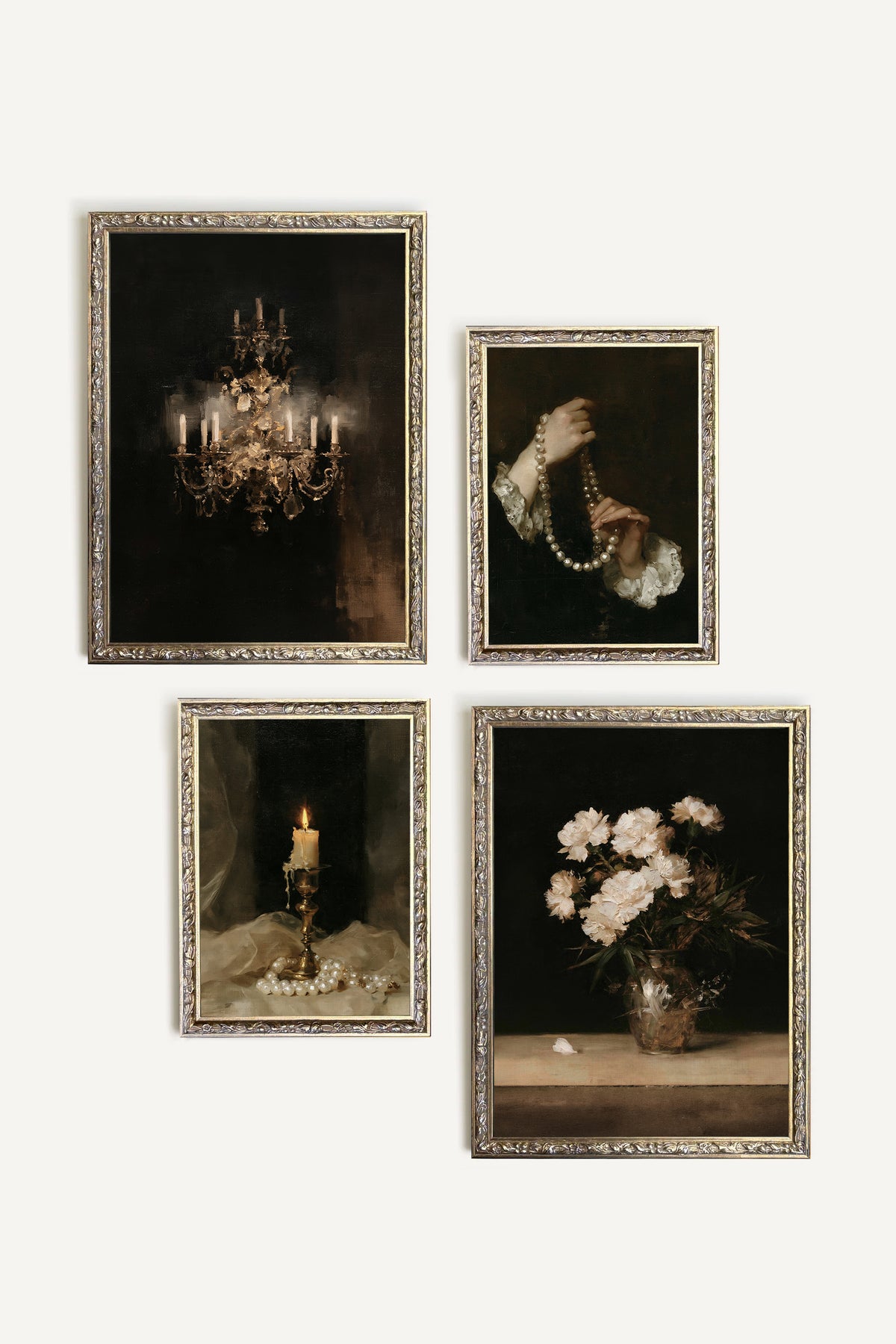 Le salon des ombres, ensemble de 4 œuvres sur toile rigide, encadré argent
