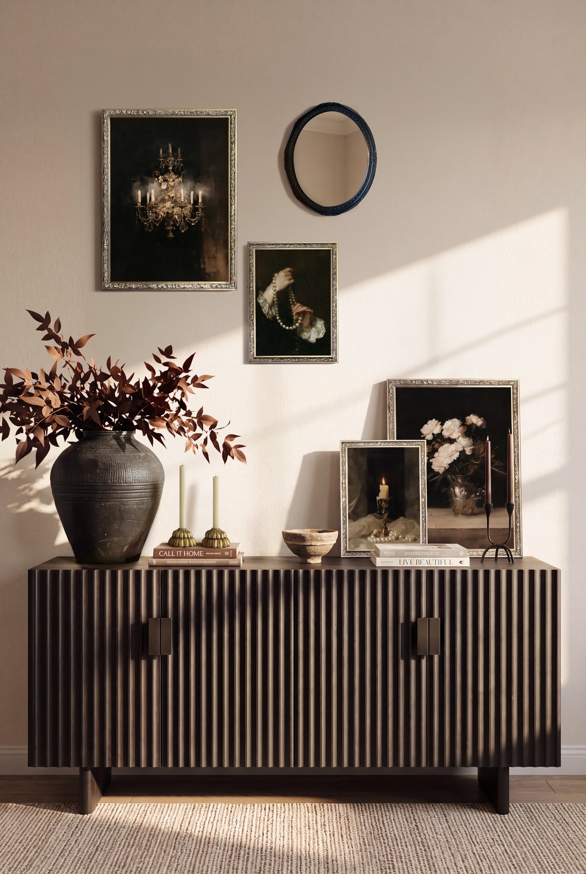 Le salon des ombres, ensemble de 4 œuvres sur toile rigide, encadré argent