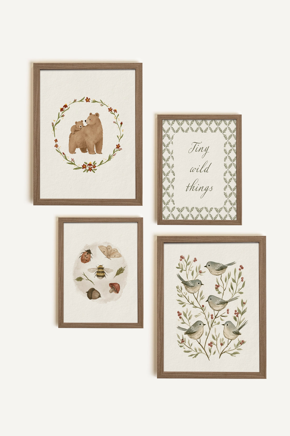 Little Forest Wonders, ensemble de 4 œuvres sur toile rigide, encadré brun chêne