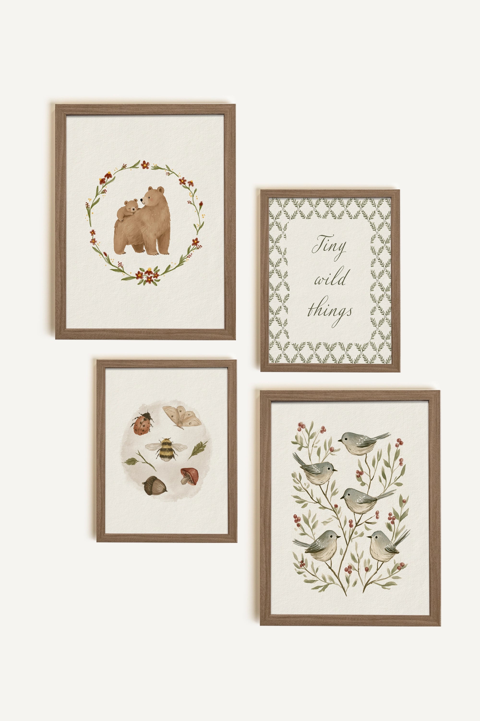 Little Forest Wonders, ensemble de 4 œuvres sur toile rigide, encadré brun chêne