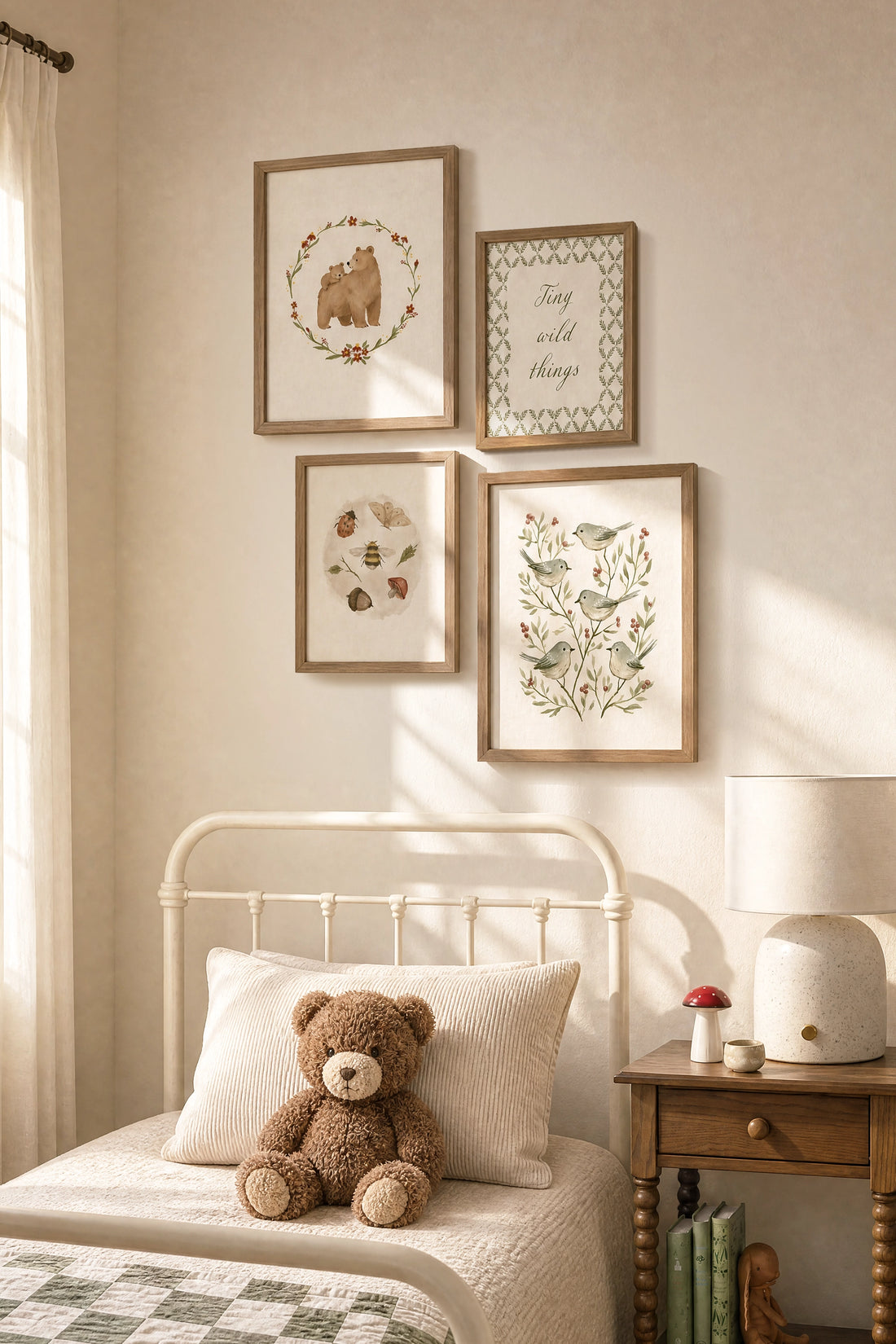 Little Forest Wonders, ensemble de 4 œuvres sur toile rigide, encadré brun chêne