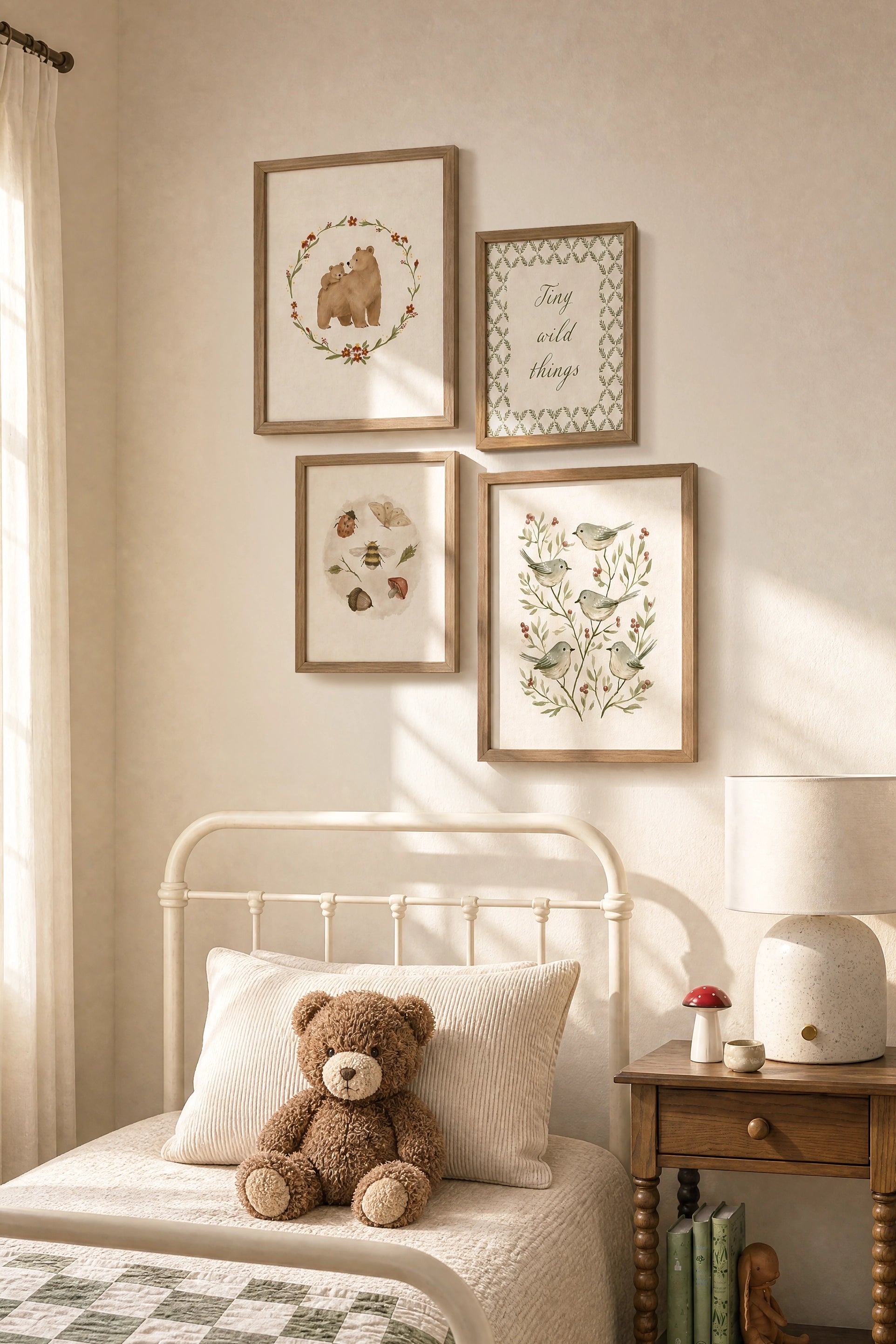 Little Forest Wonders, ensemble de 4 œuvres sur toile rigide, encadré brun chêne