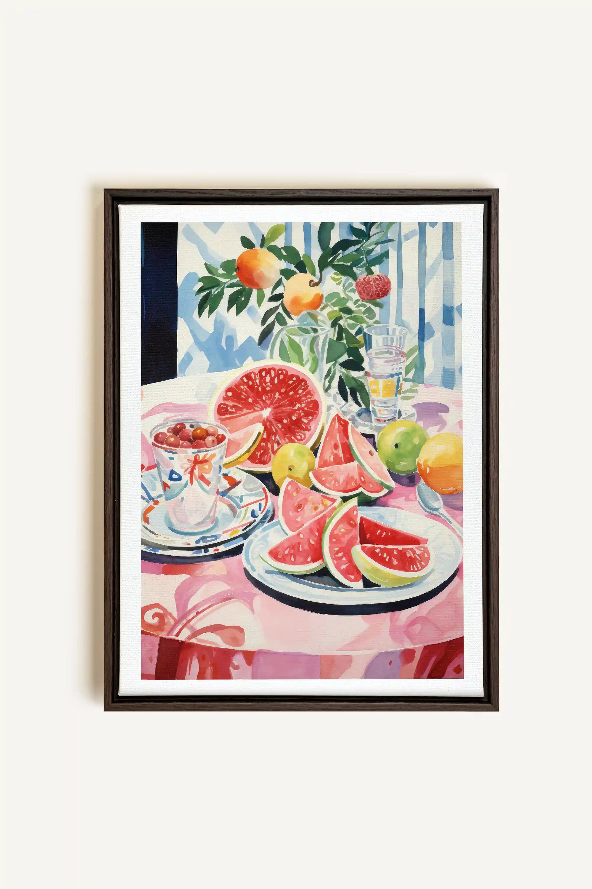 MELON OASIS HARVEST, Artwork on stretched canvas, framed in Walnut Brown