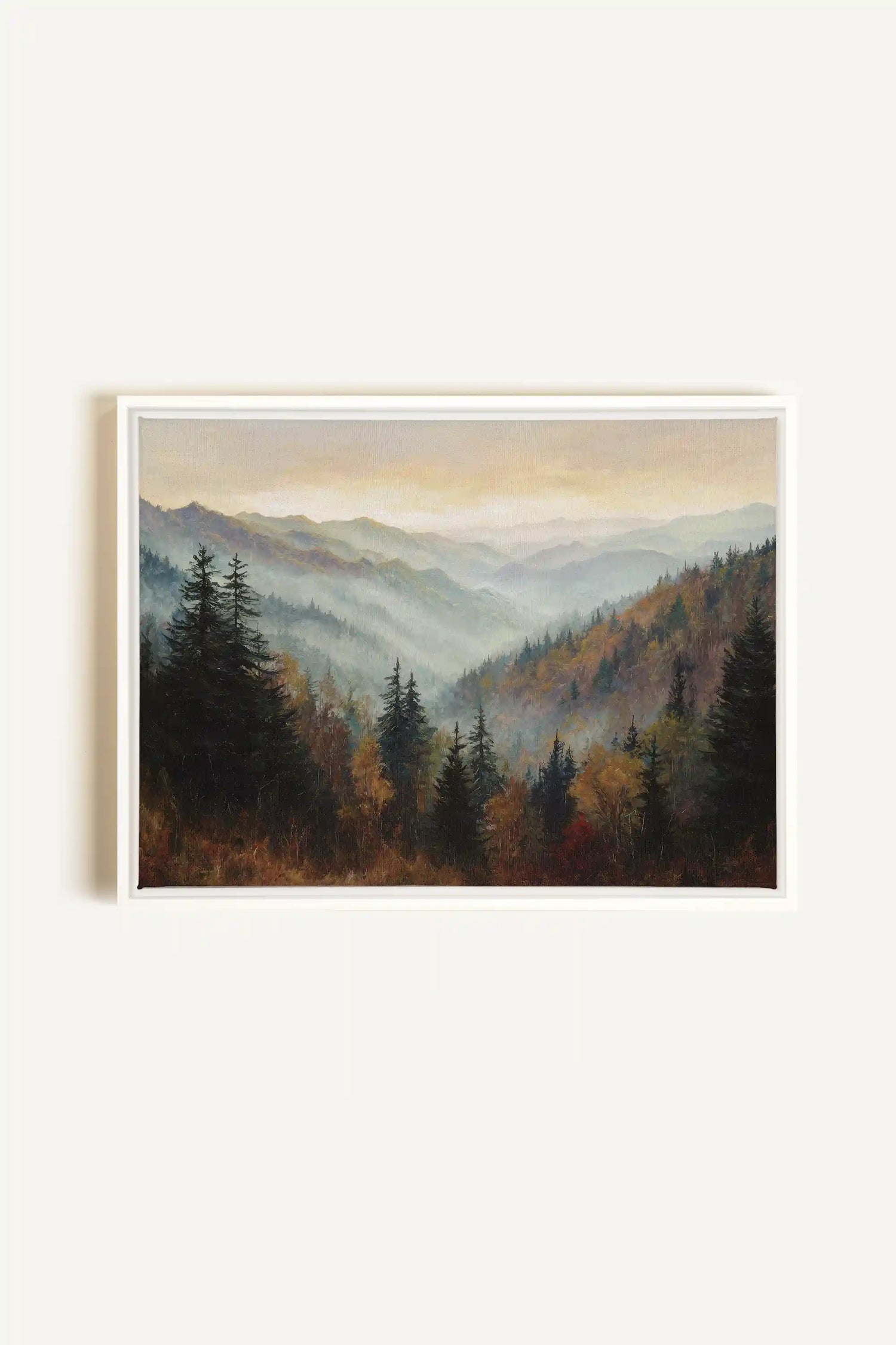 MOUNTAIN MORNING II, Artwork on stretched canvas, framed in white