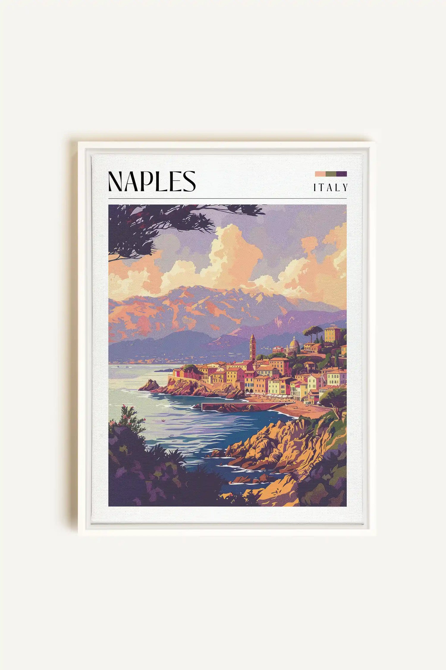 Naples, Oeuvre sur toile étirée, encadré Blanc