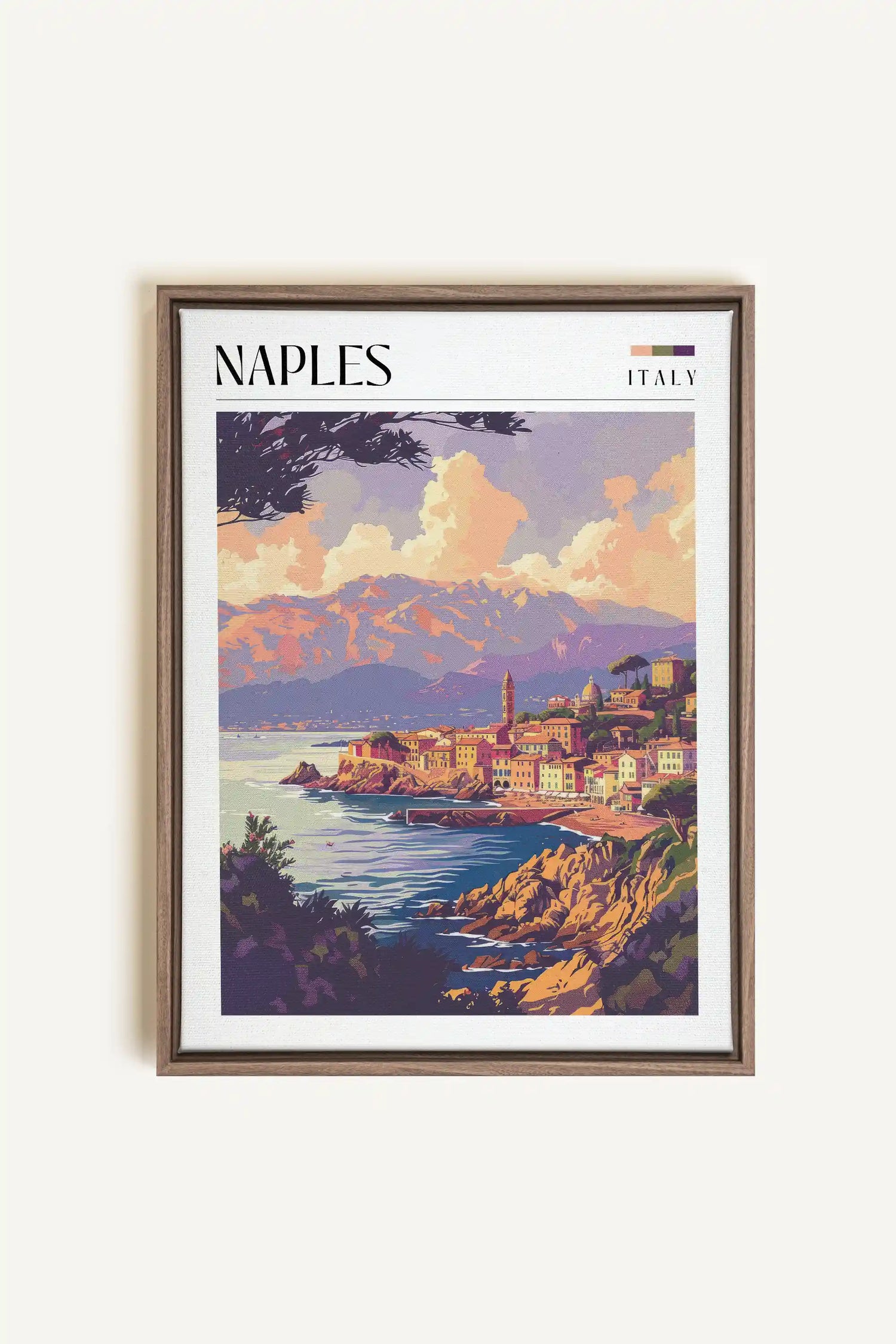 Naples, Artwork on stretched canvas, framed in Brown Oak