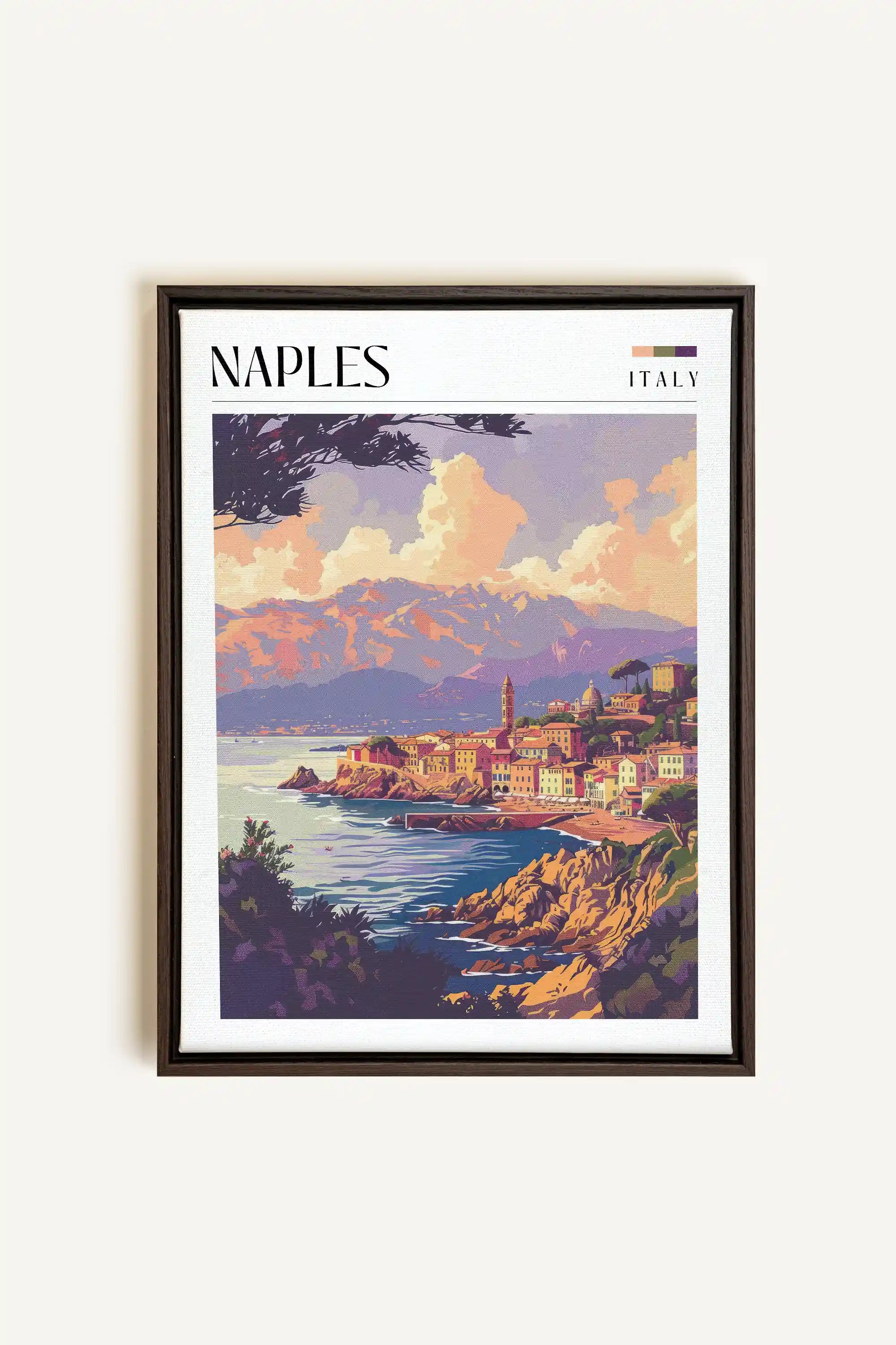Naples, Oeuvre sur toile étirée, encadré Brun Noyer