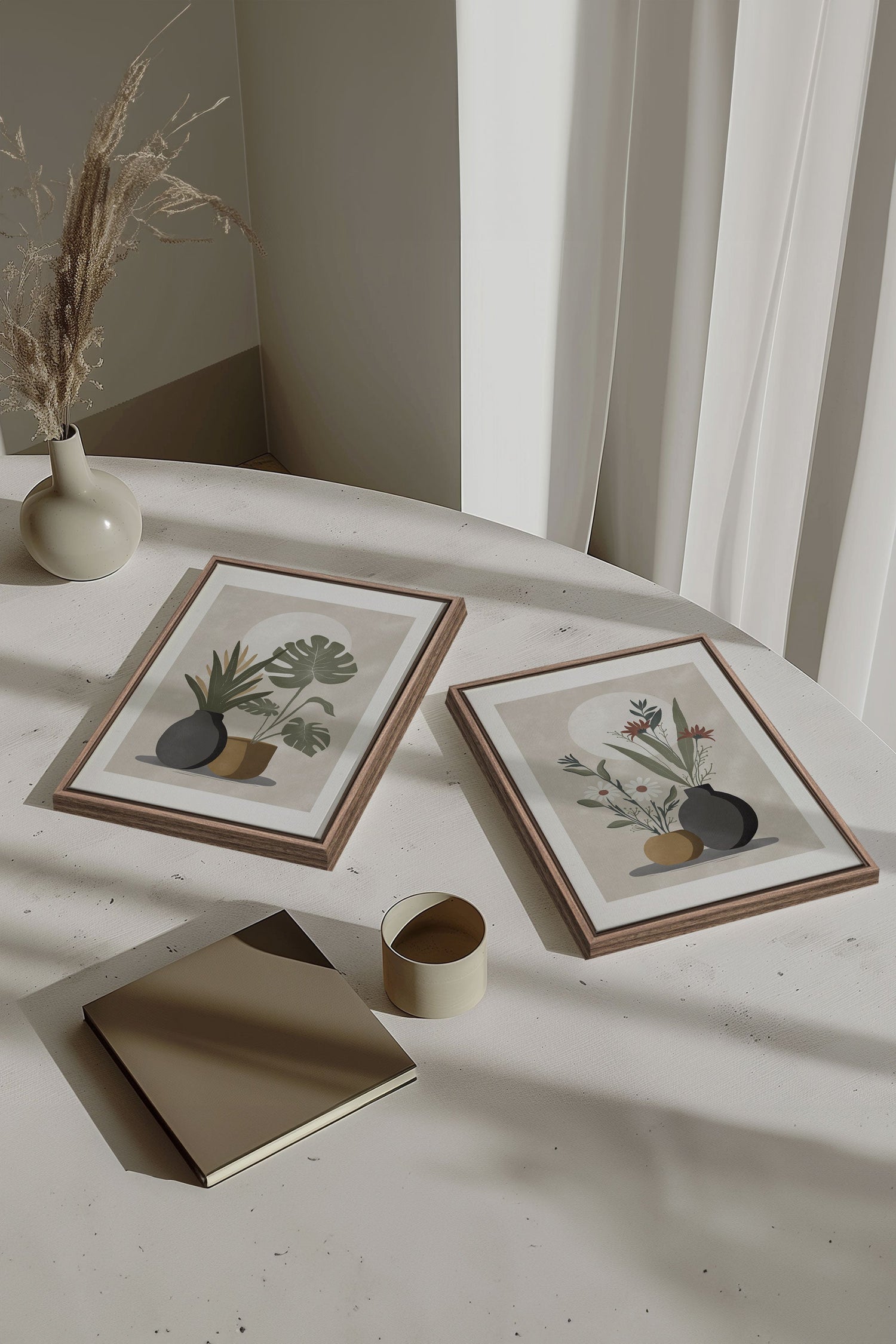 OLEKA CANVAS - DUO COMPLICITÉ FLORALE, 2 Oeuvres sur toile étirée, encadré Brun Chêne