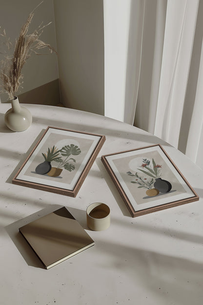 OLEKA CANVAS - DUO COMPLICITÉ FLORALE, 2 Oeuvres sur toile étirée, encadré Brun Chêne