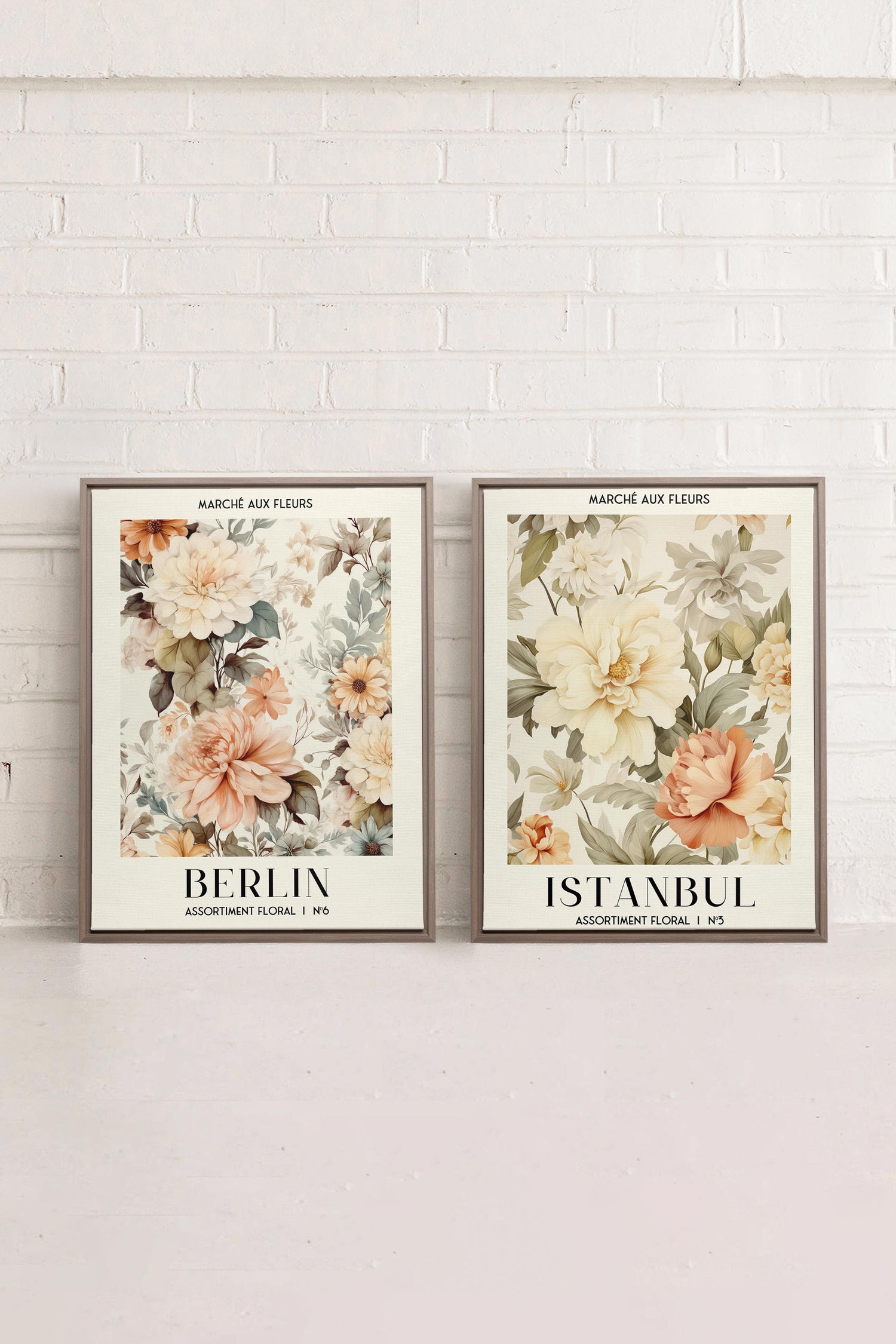 OLEKA CANVAS - DUO ASSORTIMENT FLORAL, 2 Oeuvres sur toile étirée, encadré Brun Chêne