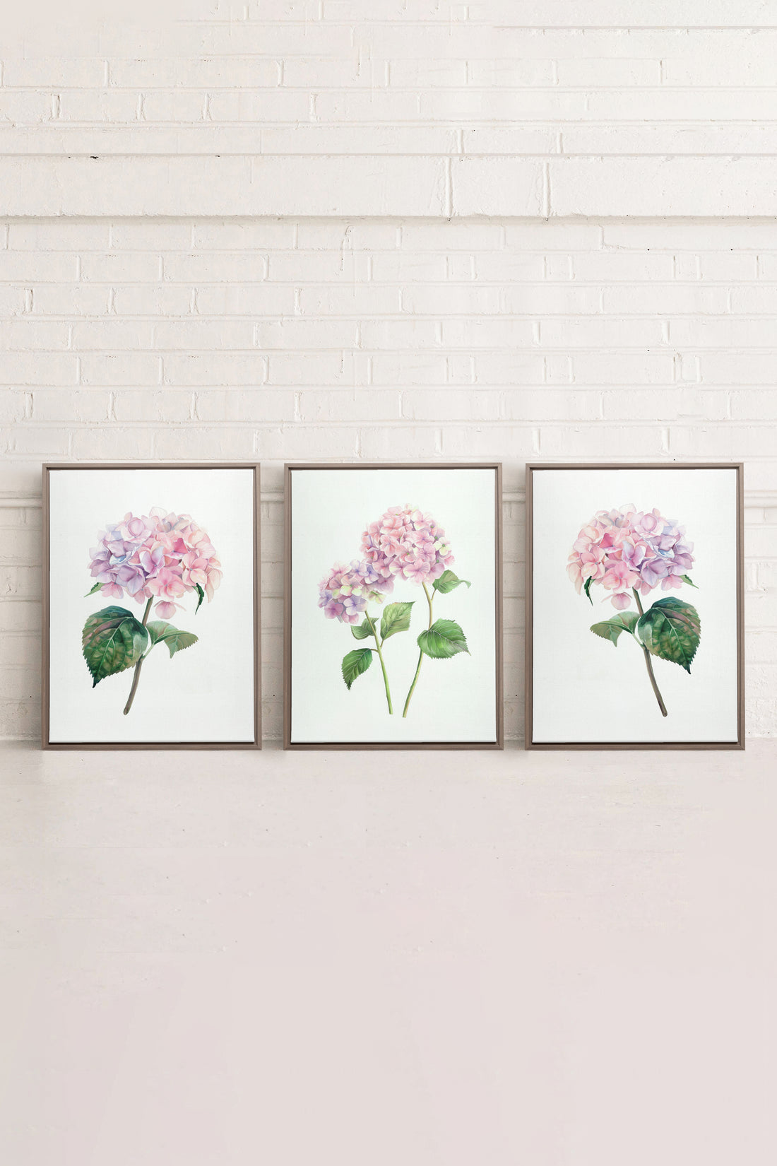 BLOSSOMING TRIO, 3 Works on stretched canvas, framed in Brown Oak
