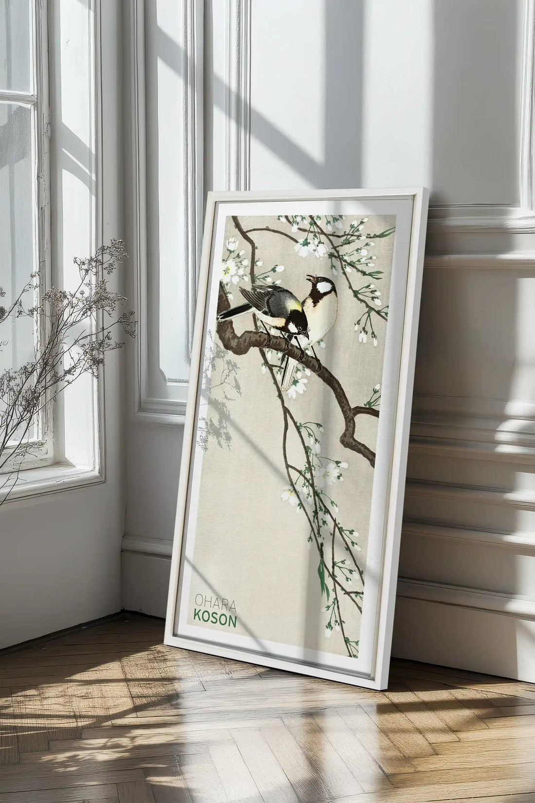 PARIDÉS SUR BRANCHE DE CERISIERS, Artwork on stretched canvas, framed in white