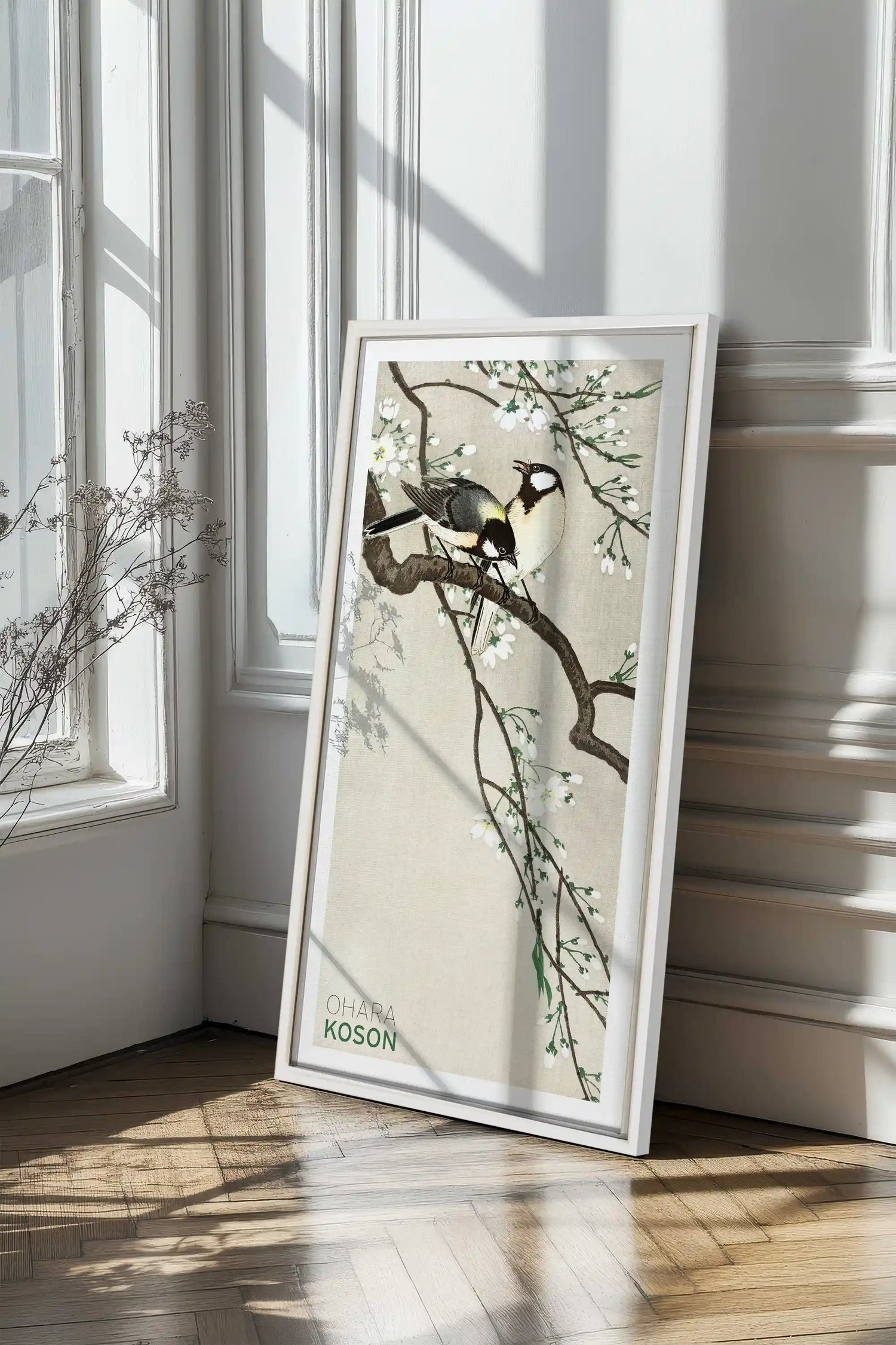 PARIDÉS SUR BRANCHE DE CERISIERS, Artwork on stretched canvas, framed in white