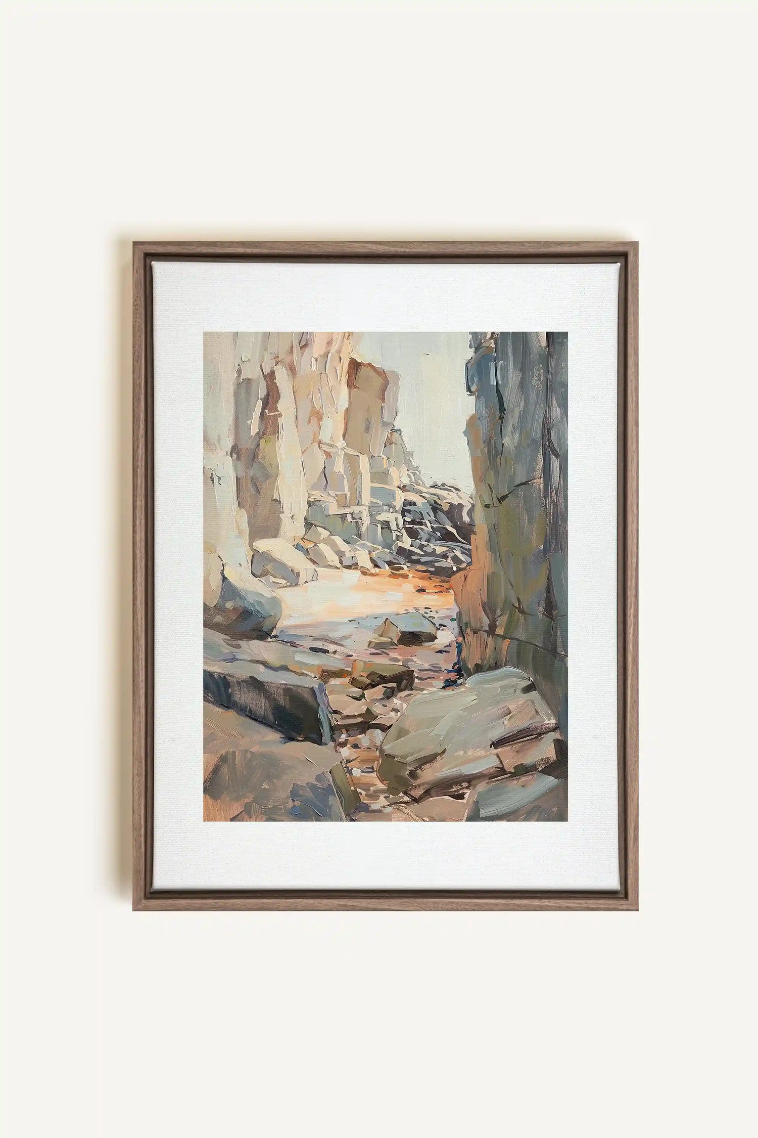 ROCKY PATHWAY, Artwork on stretched canvas, framed in Brown Oak