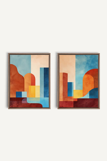RETRO ARCH DUO, 2 Works on Stretched Canvas, Framed in Brown Oak