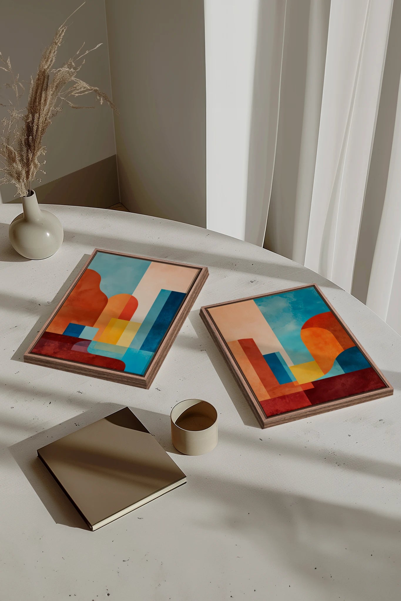 RETRO ARCH DUO, 2 Works on Stretched Canvas, Framed in Brown Oak