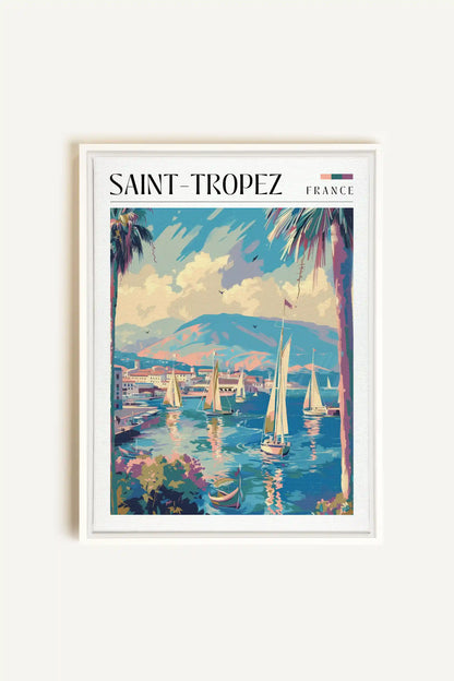 Saint-Tropez, Oeuvre sur toile étirée, encadré Blanc