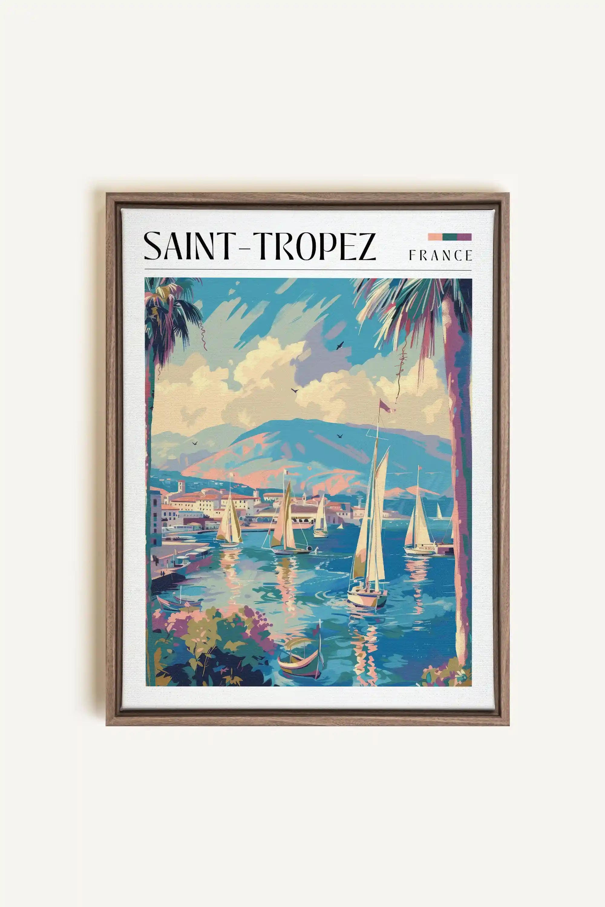 Saint-Tropez, Artwork on stretched canvas, framed in Brown Oak