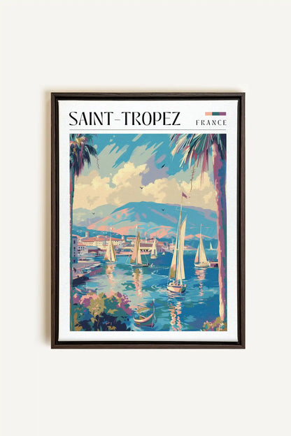 Saint-Tropez, Oeuvre sur toile étirée, encadré Brun Noyer