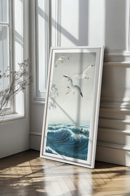 THREE SEAGULLS, Oeuvre sur toile étirée, encadré Blanc