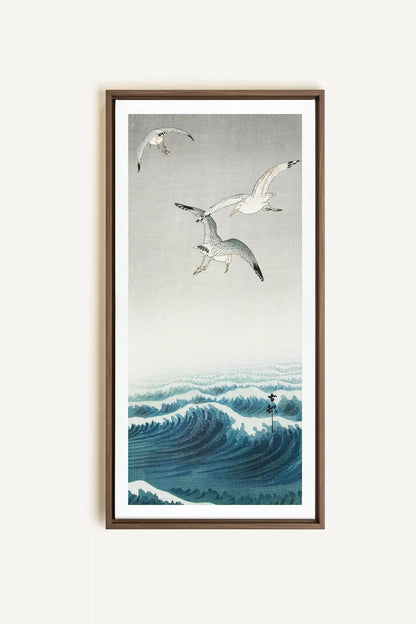 THREE SEAGULLS, Artwork on stretched canvas, framed in Brown Oak