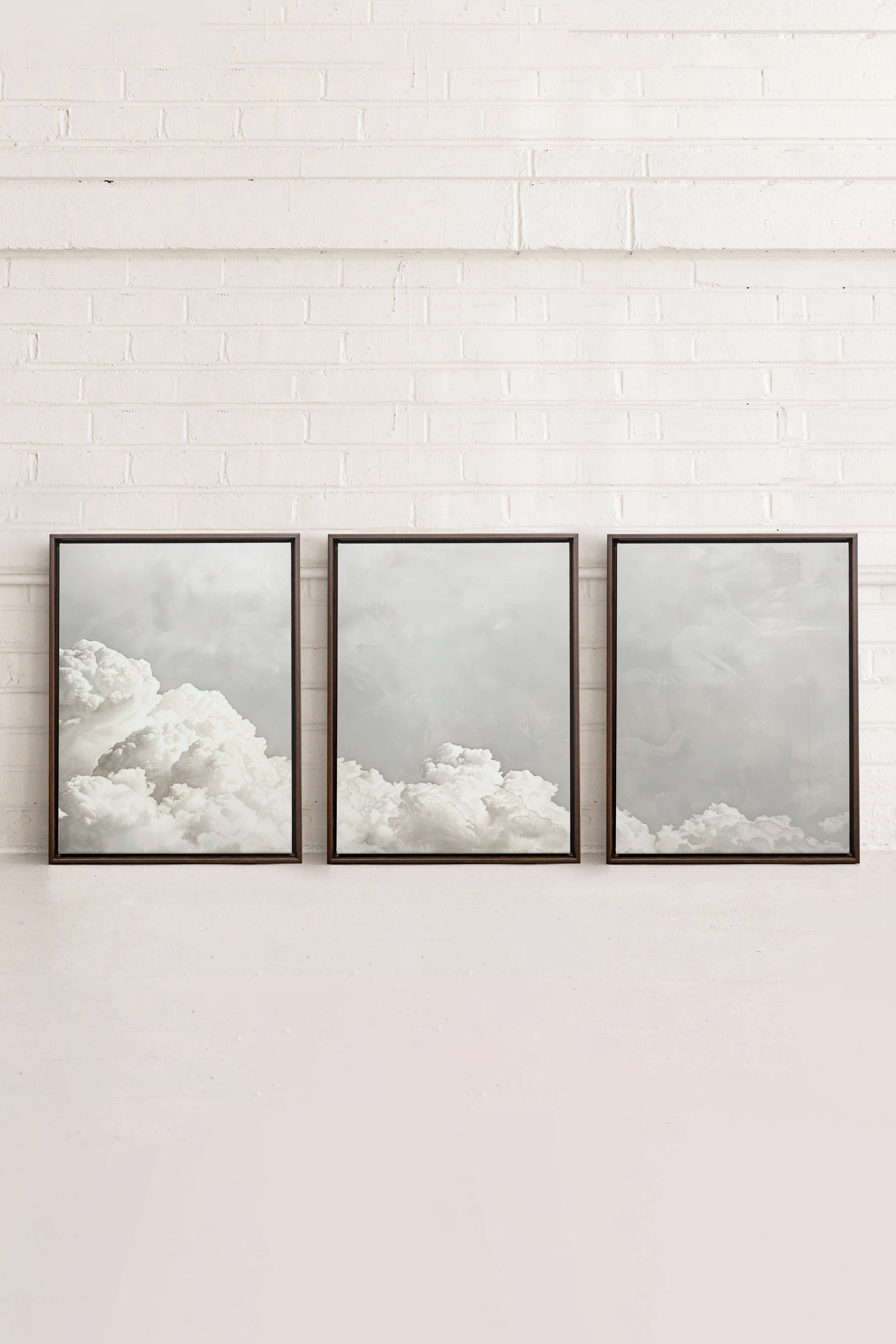 ANTIQUE CLOUDSCAPE TRIO, 3 Artworks on stretched canvas, framed in Walnut Brown