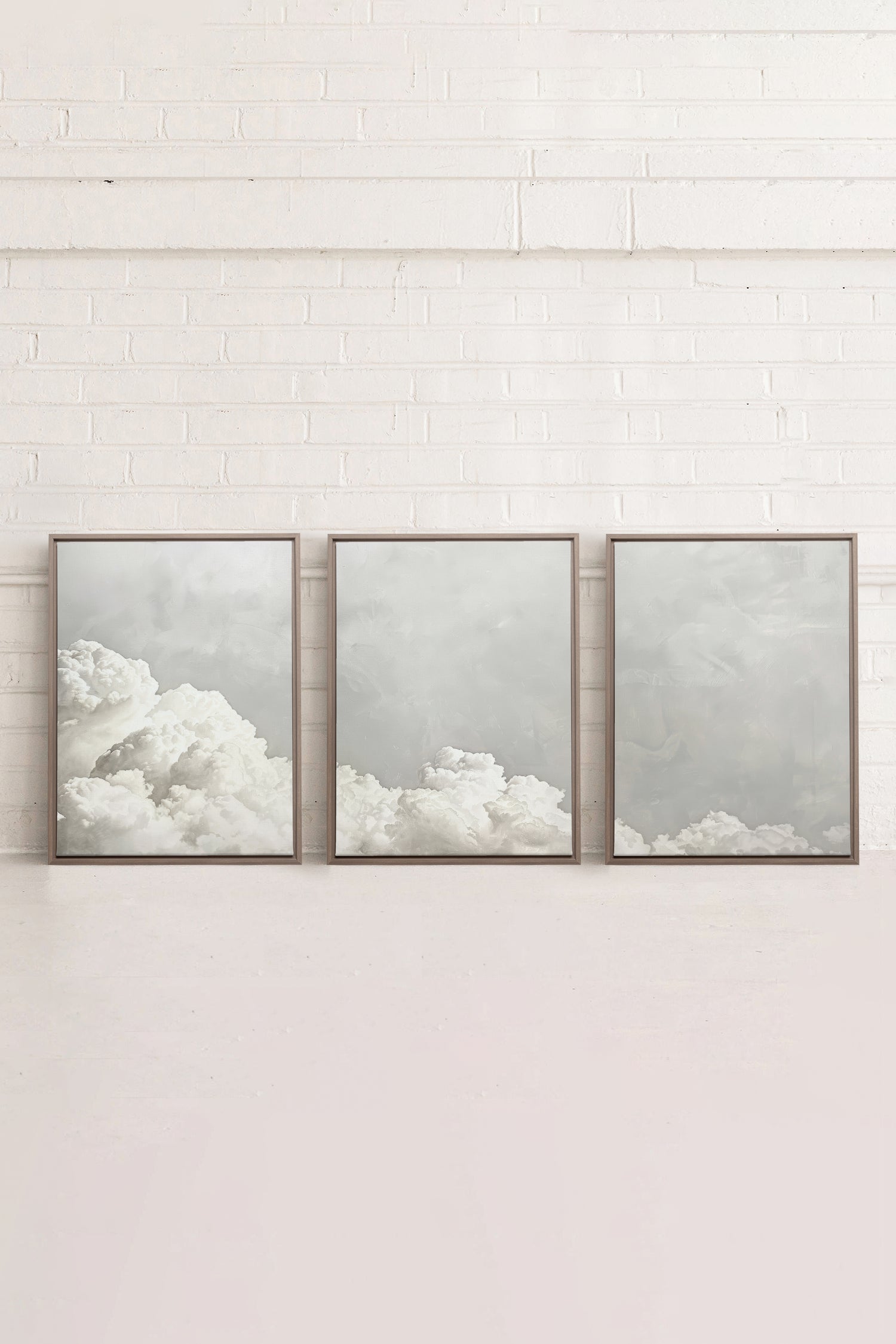 ANTIQUE CLOUDSCAPE TRIO, 3 Works on stretched canvas, framed in Brown Oak