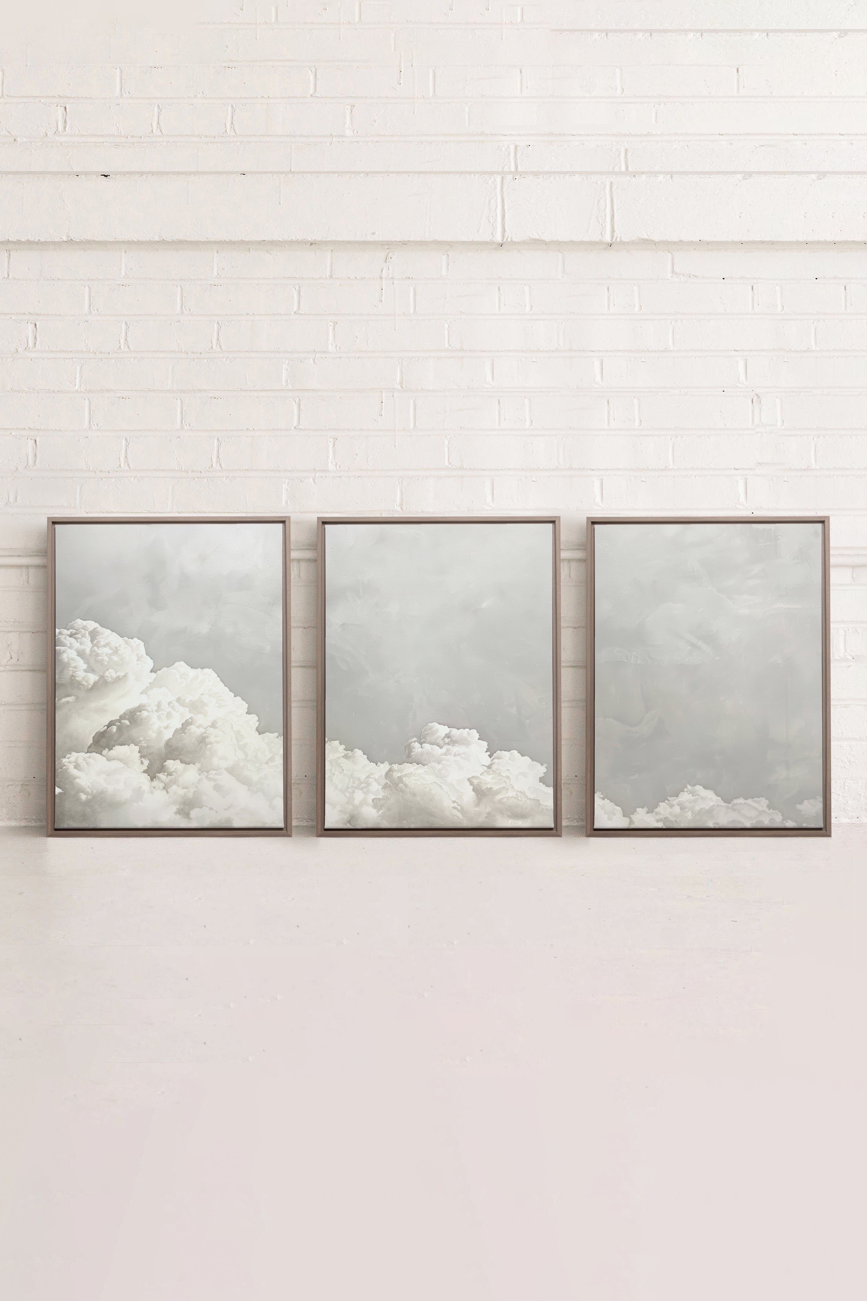 ANTIQUE CLOUDSCAPE TRIO, 3 Works on stretched canvas, framed in Brown Oak