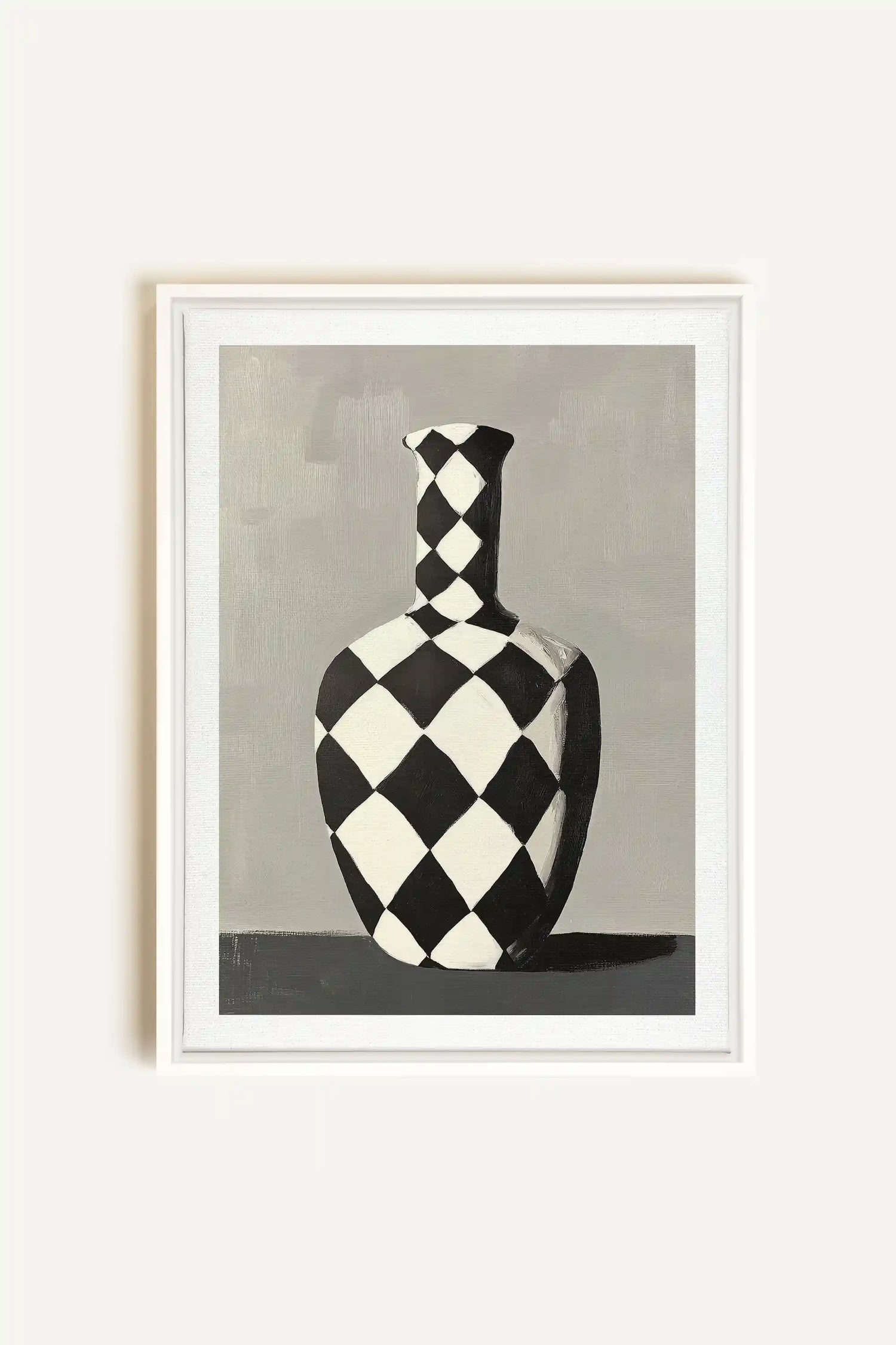 VASE EN DAMIER, Artwork on stretched canvas, framed in white