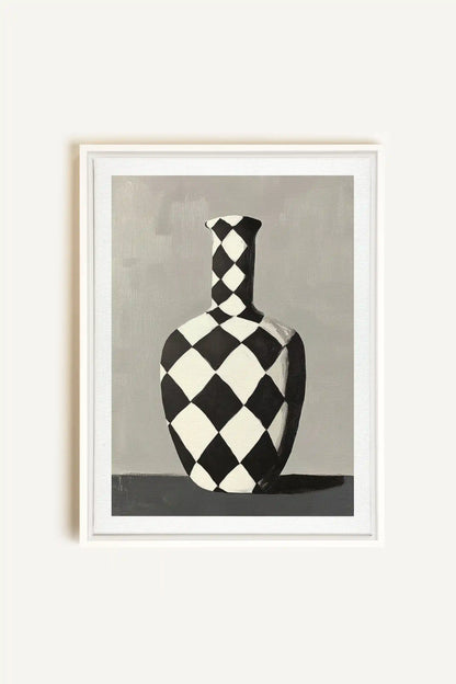 VASE EN DAMIER, Artwork on stretched canvas, framed in white