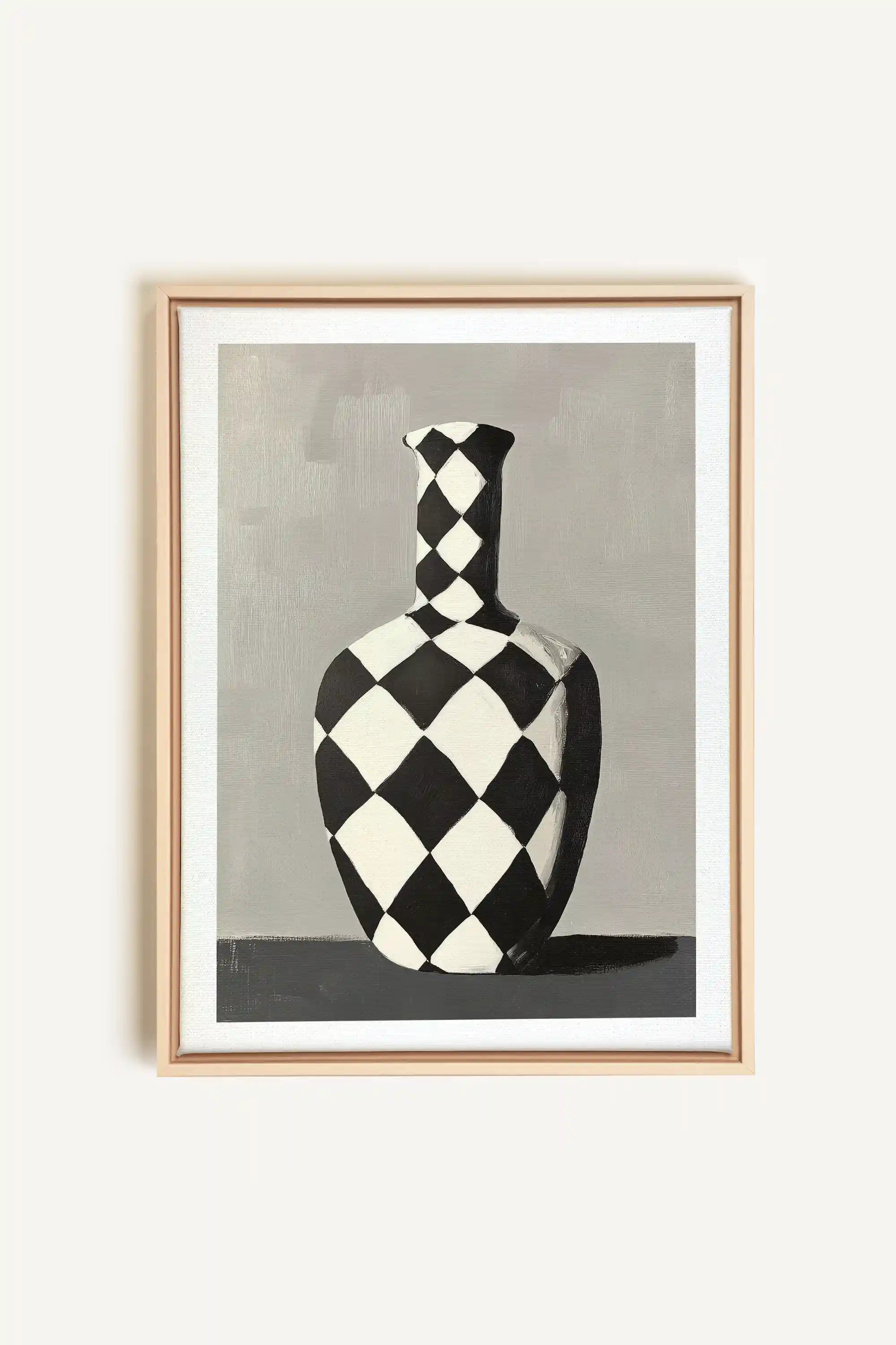 VASE EN DAMIER, Oeuvre sur toile étirée, encadré Naturel Clair