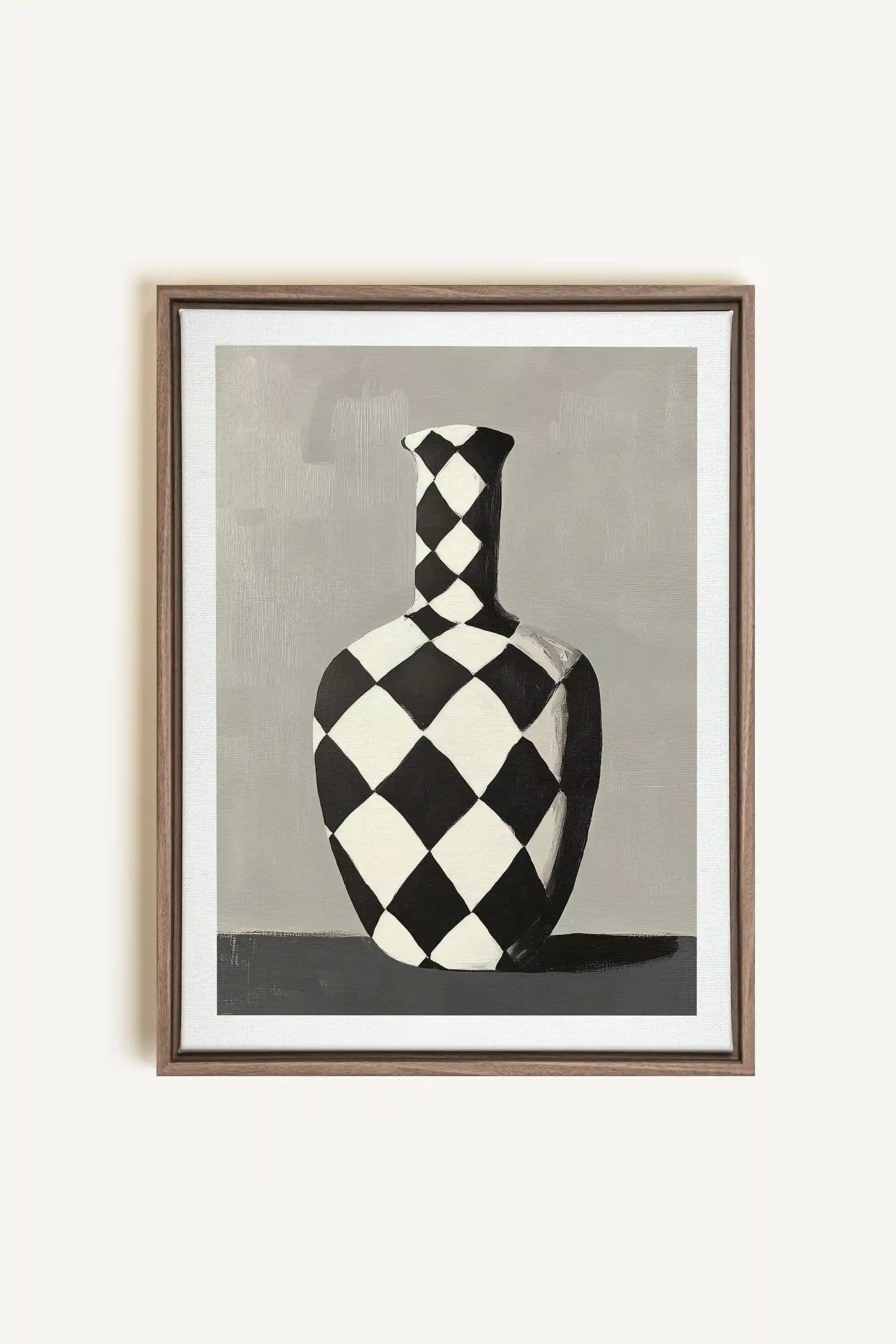 VASE EN DAMIER, Artwork on stretched canvas, framed in Brown Oak