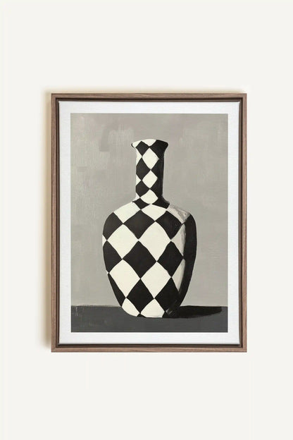 VASE EN DAMIER, Artwork on stretched canvas, framed in Brown Oak