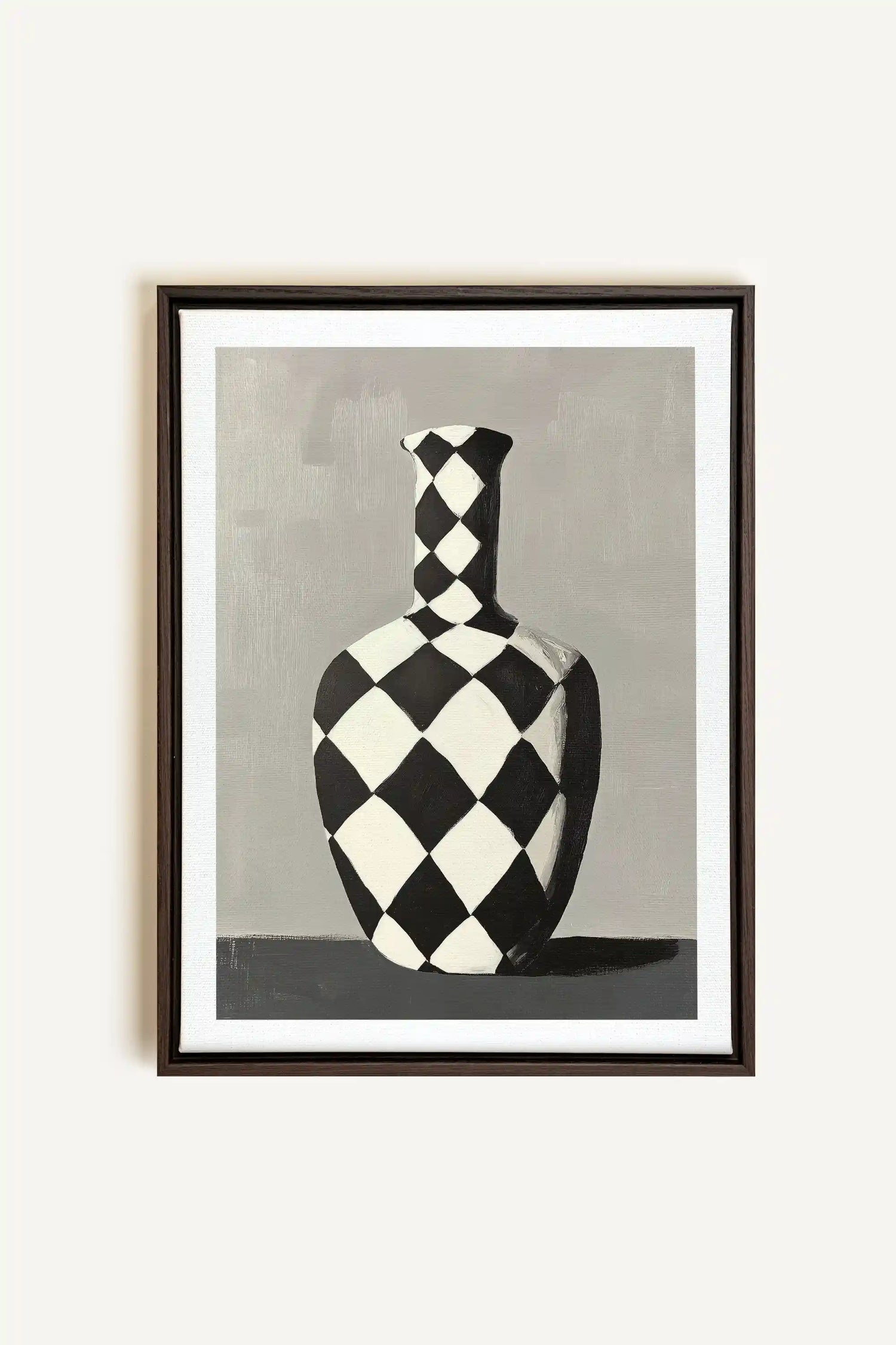 VASE EN DAMIER, Artwork on stretched canvas, framed in Walnut Brown