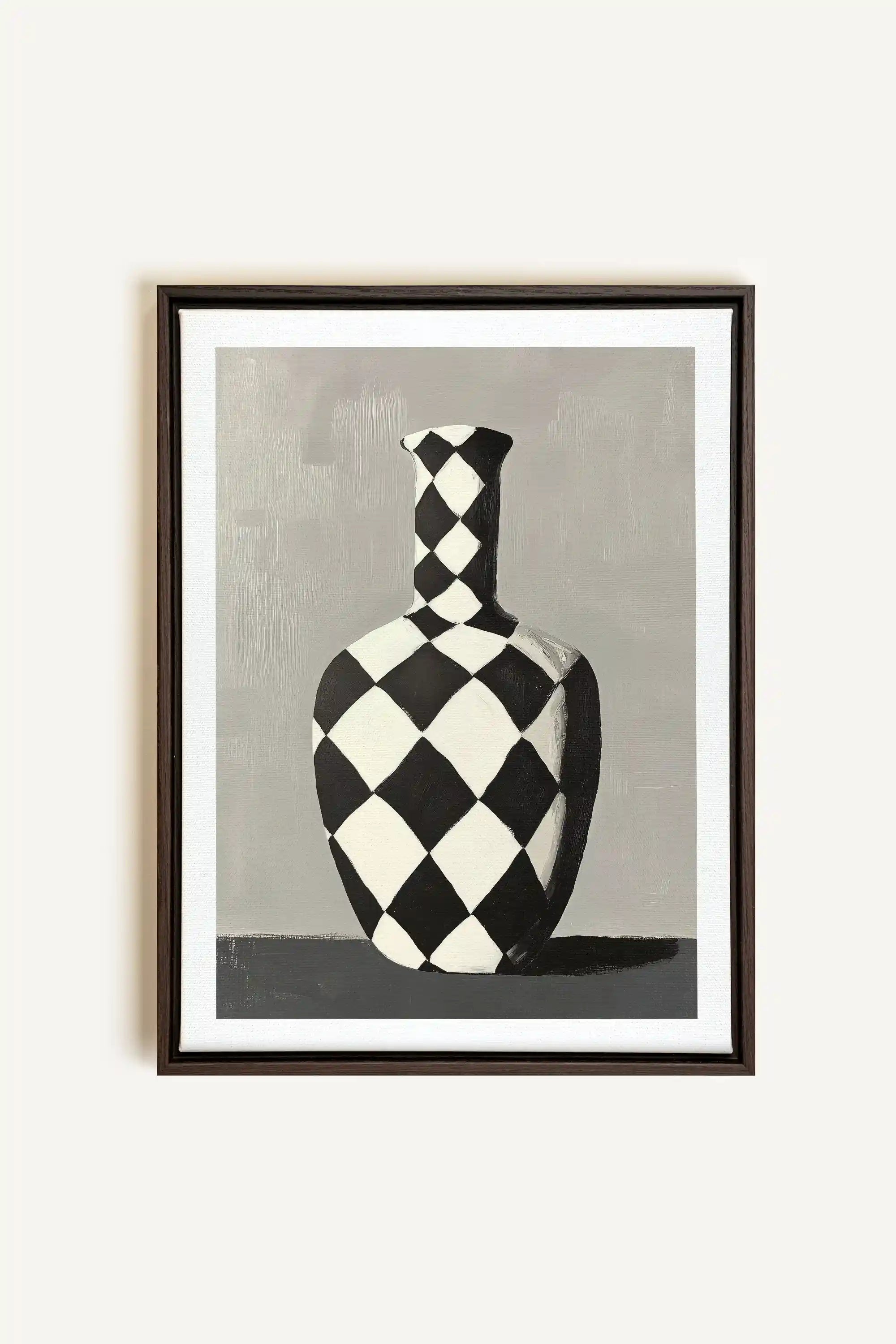 VASE EN DAMIER, Artwork on stretched canvas, framed in Walnut Brown