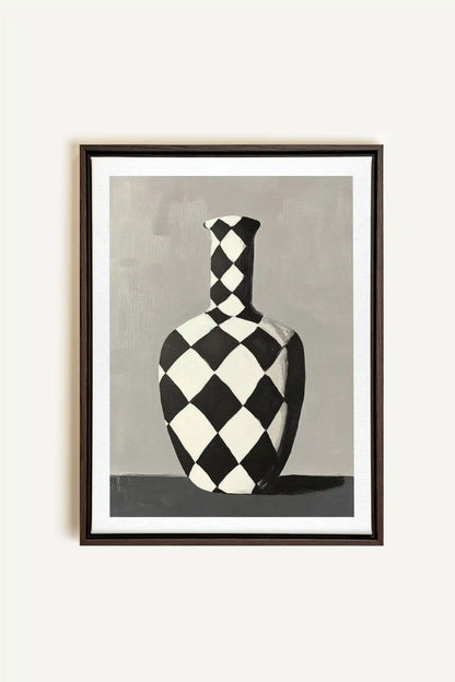 VASE EN DAMIER, Artwork on stretched canvas, framed in Walnut Brown