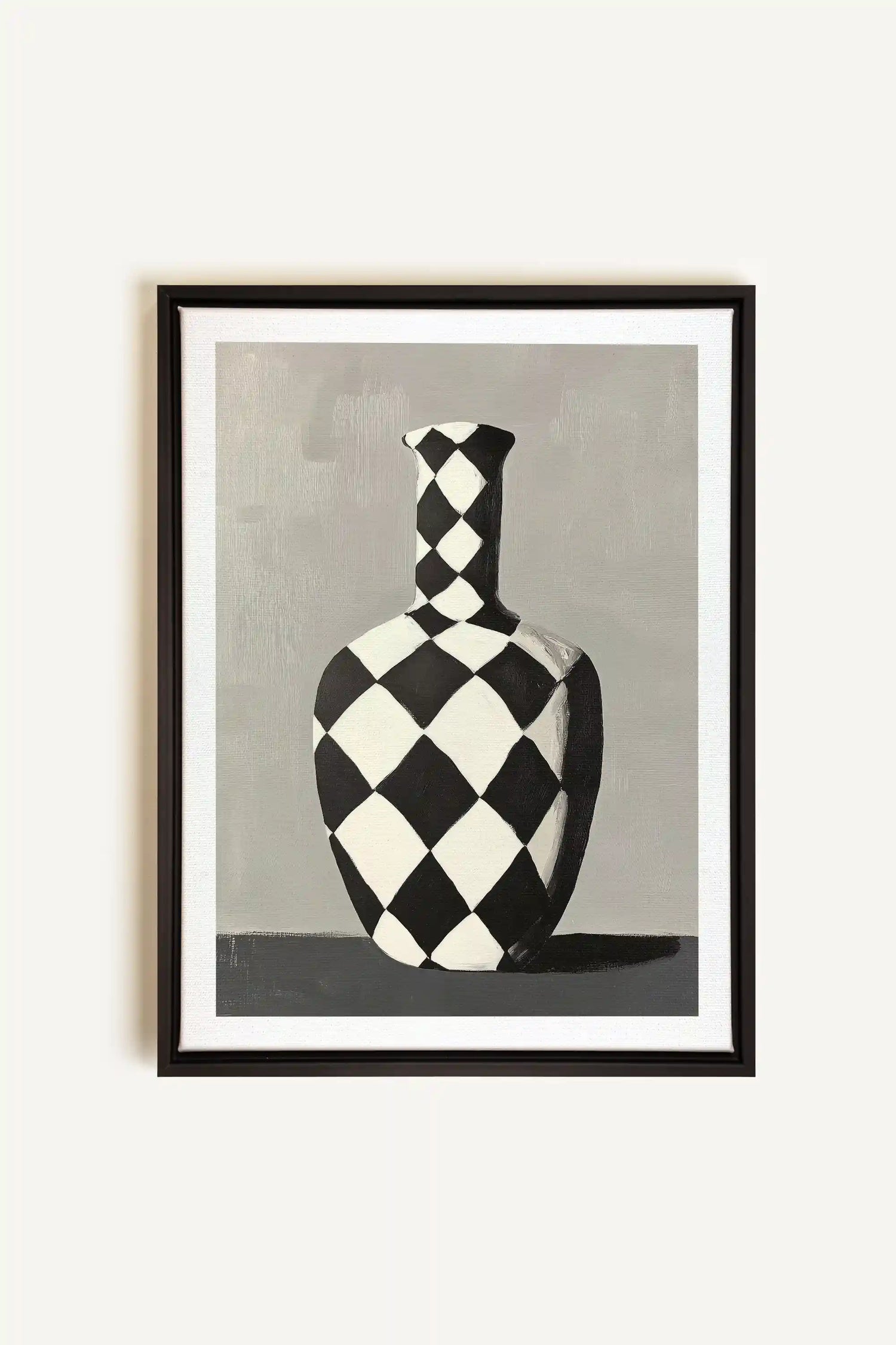 VASE EN DAMIER, Oeuvre sur toile étirée, encadré Noir